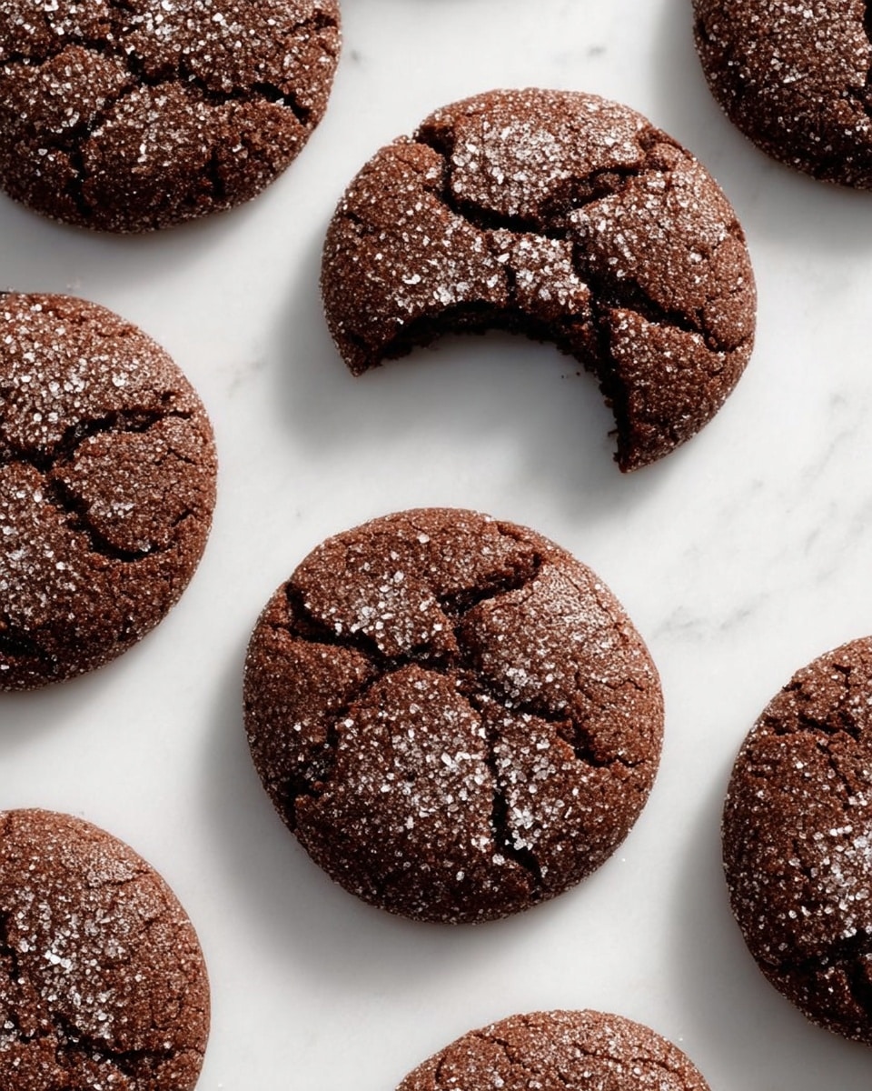 Several dark brown, round chocolate cookies with a cracked textured surface are placed on white crinkled paper on a white marbled background. Each cookie is half dipped in smooth, glossy dark brown chocolate on one side, topped with a cluster of small round sprinkles in red, white, and pink colors that add a pop of color and contrast. The cookies are laid flat and spaced unevenly across the image, showing their sugary coating on the exposed half without chocolate. Photo taken with an iphone --ar 4:5 --v 7