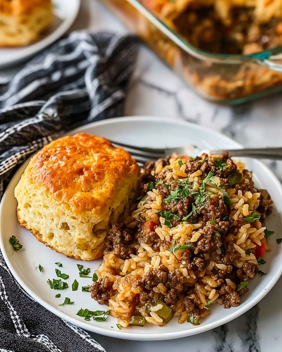 A white plate holds two main parts: on the left, there is a golden brown biscuit with a slightly round top and some shiny spots showing it is fresh and soft, next to a mound of cooked rice mixed with small pieces of browned ground meat and diced vegetables, including green bell peppers, all seasoned and topped with finely chopped herbs. The rice and meat look moist but not wet, and there is some dark green garnish sprinkled on top and around the plate. In the background, there is a white marbled surface with a folded black and white striped cloth underneath the plate and a glass dish filled with more of the rice mixture. photo taken with an iphone --ar 4:5 --v 7