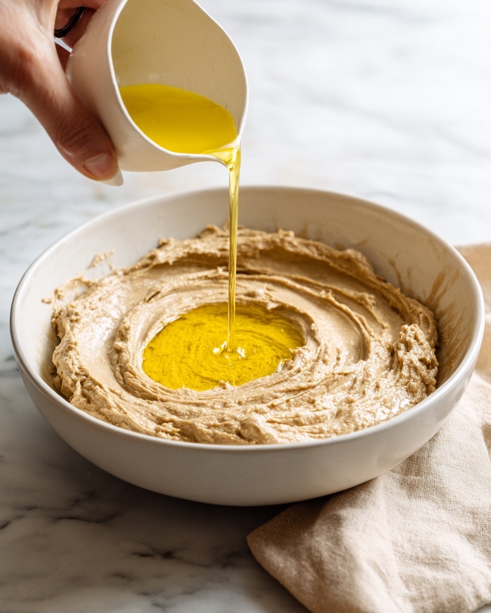 A white bowl filled with a thick, light brown creamy mixture that covers most of the inside surface. In the center of the mixture, there is a bright yellow liquid layer being poured in, creating a contrast with the textured brown layer around it. A woman's hand is blurred in the upper right corner, holding the container that pours the yellow liquid. The bowl sits on a white marbled surface with a beige cloth partially shown to the right side. photo taken with an iphone --ar 4:5 --v 7