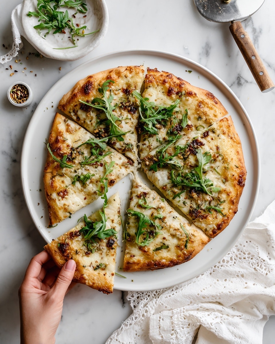 A white round pizza with a thin, golden crust topped with melted white cheese covering the whole surface, scattered small green arugula leaves spread evenly across, and some pieces of light green olives. The pizza is cut into six slices and placed on a white plate sitting on a white marbled surface. Photo taken with an iphone --ar 4:5 --v 7