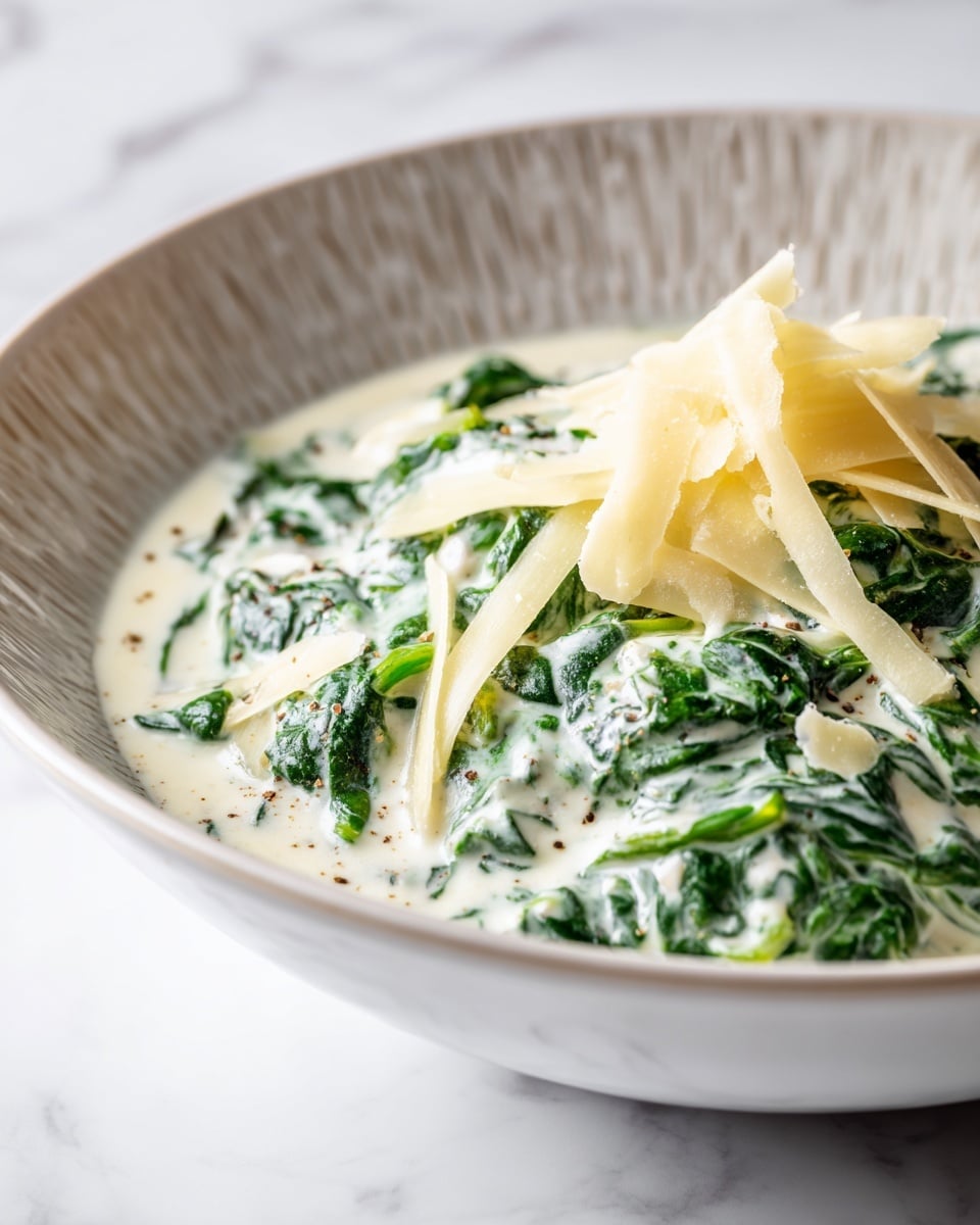 A white shallow bowl filled with creamy spinach dip showing a thick mix of bright green spinach leaves swirled in white cream. On top, there are several thin pale yellow cheese slices arranged in the center. The bowl is placed on a soft green cloth with fringed edges, which is on a white marbled surface. The dip looks smooth and rich with visible bits of spinach throughout. photo taken with an iphone --ar 4:5 --v 7