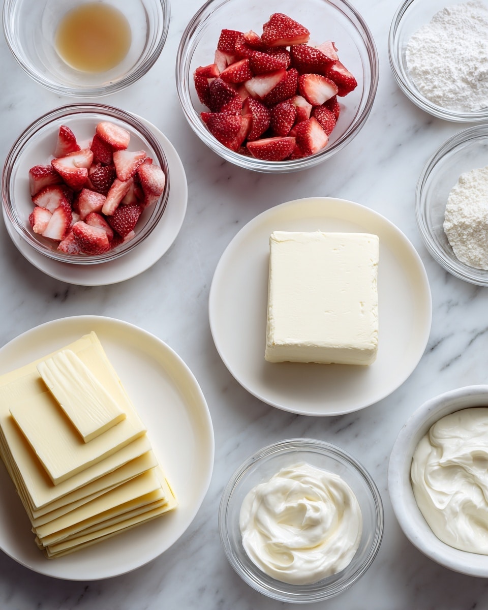 This image shows multiple small white bowls and white plates arranged neatly on a white marbled surface. One white plate at the bottom left holds several square layers of pale yellow, thin sheets stacked unevenly. To the right, another white plate has a block of soft white cream cheese. Surrounding these plates are small clear glass bowls containing different ingredients: one bowl has red and pink chopped strawberries, another has a light brown liquid, one contains a powdery white substance, while two others hold white creamy mixtures. The setup is clean and bright with all items spaced evenly. Photo taken with an iphone --ar 4:5 --v 7