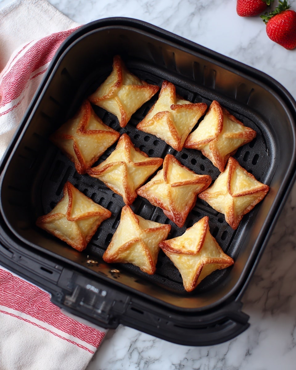 Nine small square-shaped pastries with golden brown and light pinkish areas sit in a single layer inside a black air fryer basket. Each pastry is folded at the corners forming a pinwheel shape with slightly crispy edges. The basket is open and placed on a white marbled surface with part of a red and white striped cloth visible at the bottom left corner. A red strawberry is partly visible near the top right corner. Photo taken with an iphone --ar 4:5 --v 7