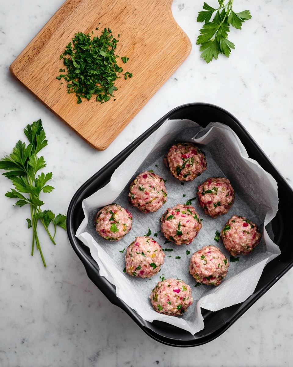 Inside a black air fryer basket lined with white parchment paper, there are twelve raw meatballs arranged in a 4 by 3 grid. Each meatball is pink with small bits of green and red herbs and vegetables mixed in, giving a fresh, slightly textured look. Above the basket, a wooden chopping board holds a small pile of finely chopped green parsley. Two sprigs of whole parsley sit nearby on a white marbled surface. The scene is bright and clean, showing a fresh preparation step. Photo taken with an iphone --ar 4:5 --v 7