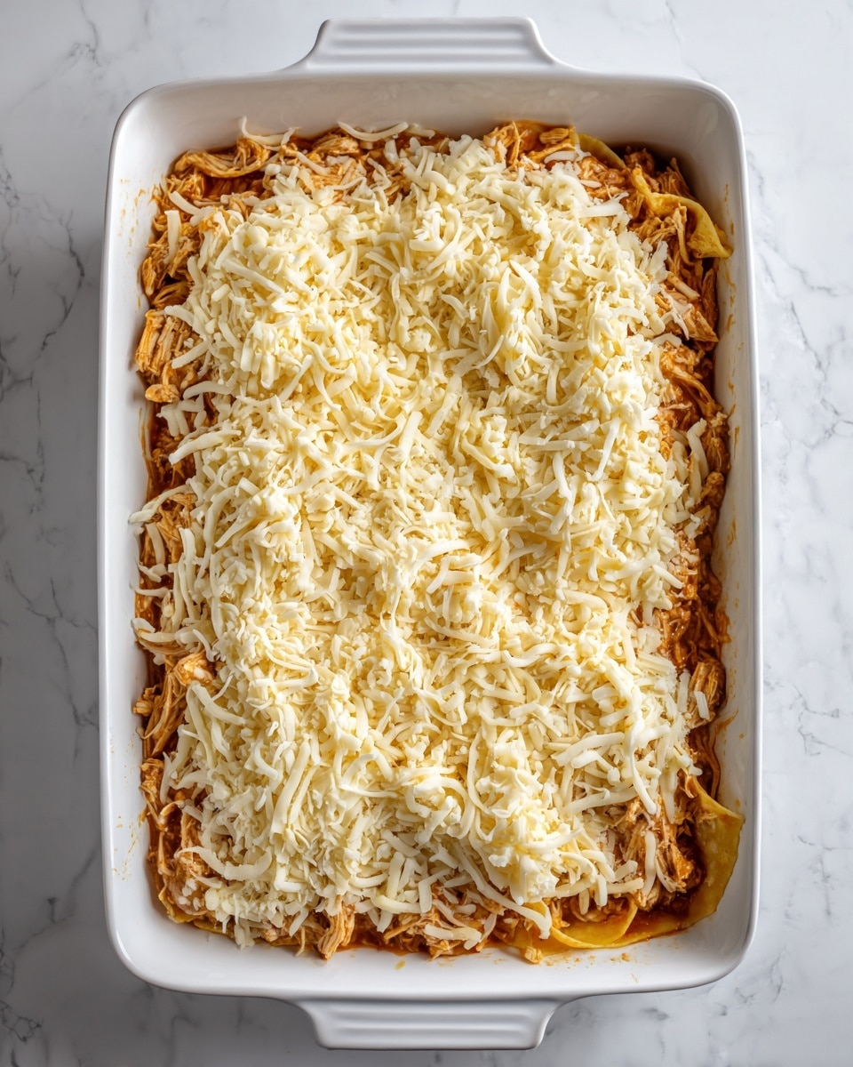 A white rectangular baking dish filled with a layered casserole. The bottom layer is a mix of cooked shredded chicken and sauce, covered evenly by a thick layer of melted cheese that is mostly yellow with some white cheese mixed in. The cheese is shredded and spread close together, showing a soft texture. The baking dish sits on a white marbled surface. photo taken with an iphone --ar 4:5 --v 7