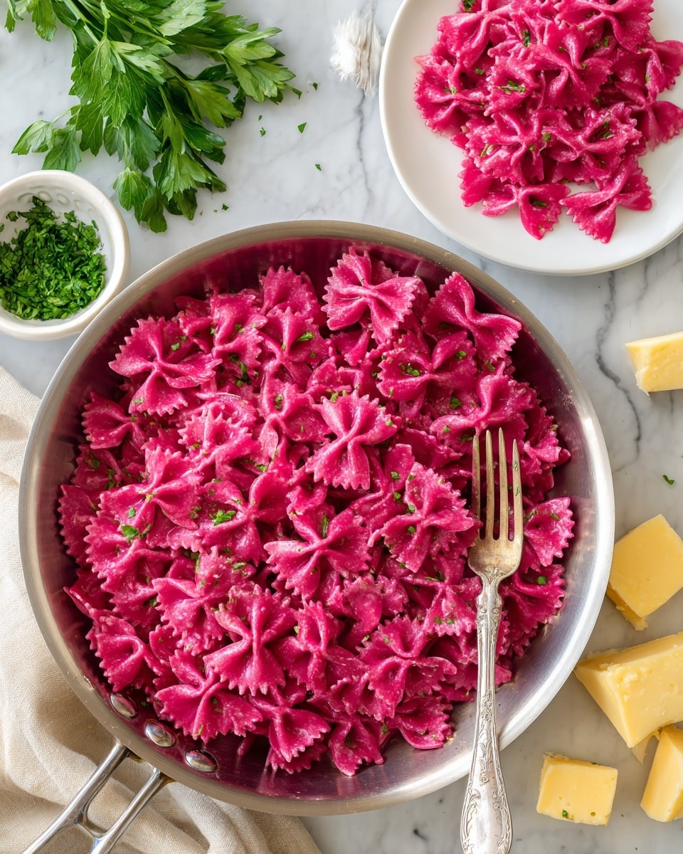 A large stainless steel pan filled with bright pink farfalle pasta coated evenly in a creamy sauce, each butterfly-shaped piece showing a rich magenta color and smooth texture. Behind the pan, a white plate holds a small serving of the same pink pasta with a silver fork next to it. The background is a white marbled texture with fresh green parsley sprigs scattered around and a small white bowl filled with chopped green herbs at the bottom left. On the right side near the pan, there are chunks of pale yellow cheese placed on the marble surface. Photo taken with an iphone --ar 4:5 --v 7