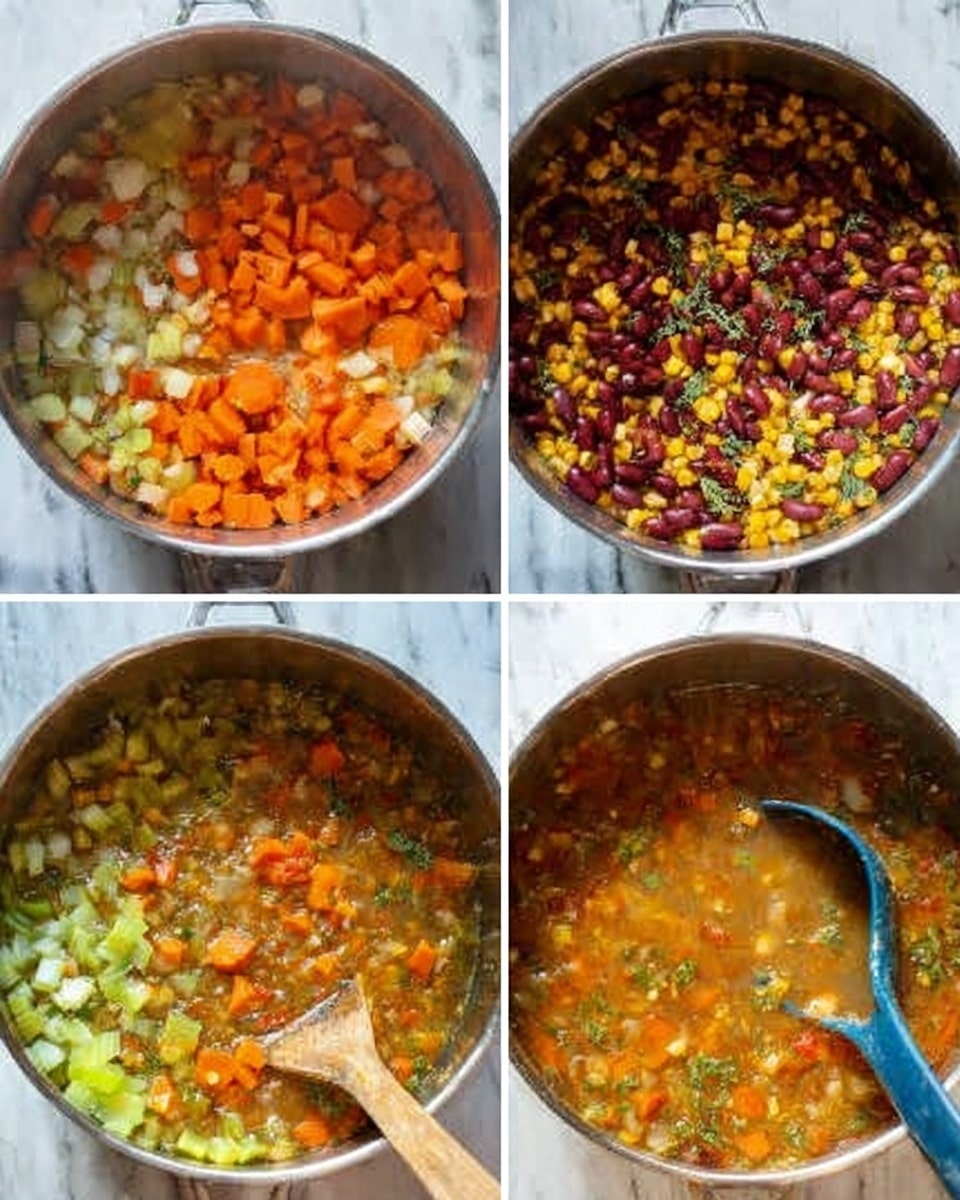 The image shows a sequence of four stages of making a colorful vegetable stew in a silver pot. The first panel displays a mixture of diced orange carrots, white onions, bright green celery, and some herbs at the bottom of the pot. The second panel shows the pot filled with a combination of golden corn, dark red kidney beans, and more vegetables mixed together, creating a rich texture. The third panel reveals the stew cooking, with orange carrot slices visible in a simmering, thick, light brown liquid, along with a wooden spoon stirring the contents. The final panel captures the fully cooked stew, which has thickened further, showing a hearty blend of yellow corn, orange carrot pieces, red beans, and green herbs, with a blue ladle resting in the pot. All stages are set against a white marbled surface. Photo taken with an iphone --ar 4:5 --v 7