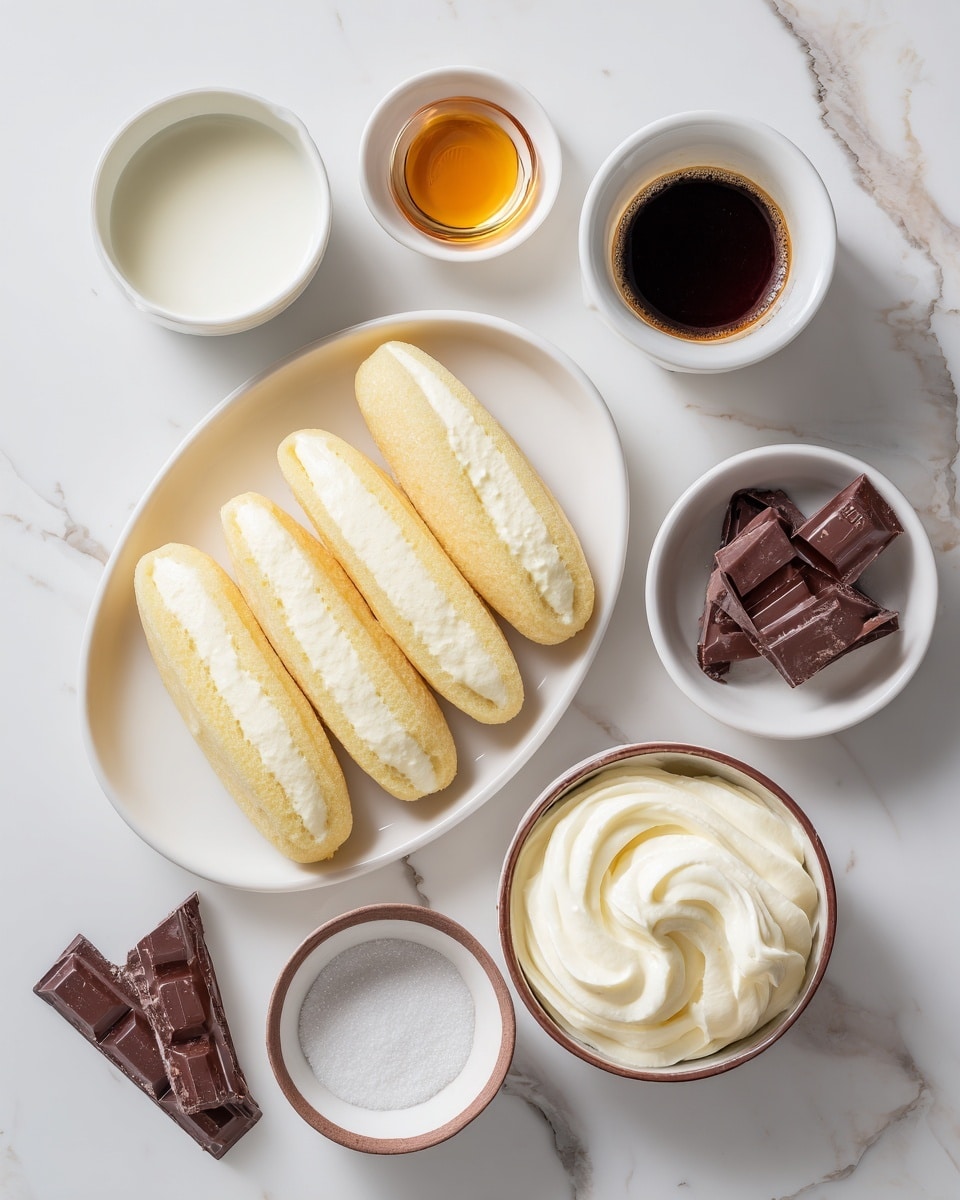 The image shows a white marbled surface with several white bowls and a white oval plate arranged neatly. In the center, the white oval plate holds seven light yellow ladyfingers stacked in a slightly overlapping way. To the top left, there is a small white bowl filled with white milk. Near the top center, a tiny white bowl holds a clear amber liquid, labeled as Disaronno Amaretto. On the top right, a deeper white bowl contains a dark espresso coffee. Just below it, a few pieces of dark semi-sweet chocolate are placed on the marble surface. Towards the bottom right, a white bowl filled with creamy white mascarpone cheese shows soft, swirling texture. At the bottom center, a white bowl with a brown rim is filled with fine white sugar. The whole setting is bright and clean. Photo taken with an iphone --ar 4:5 --v 7
