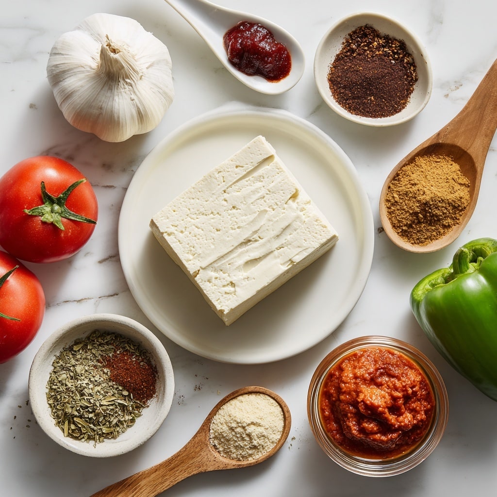 The image shows a flat lay of various ingredients on a white marbled surface. In the center, there is a white plate holding a block of firm tofu, which is smooth and pale cream in color. Surrounding the tofu are small white bowls and spoons with colorful ingredients: a white spoon at the top with deep red tomato paste, a whole bulb of garlic with creamy white cloves on the left, a small white bowl with dark reddish-brown chipotle pepper, a bowl with green dried oregano leaves, another bowl with bright red smoked paprika powder, and a wooden spoon with brown cumin powder. A fresh red tomato and some green bell pepper pieces sit beside the bowls, adding vibrant natural colors. To the right, a little container holds a rich reddish-orange adobo sauce. All the items are neatly arranged with clear labels beside each ingredient. photo taken with an iphone --ar 4:5 --v 7