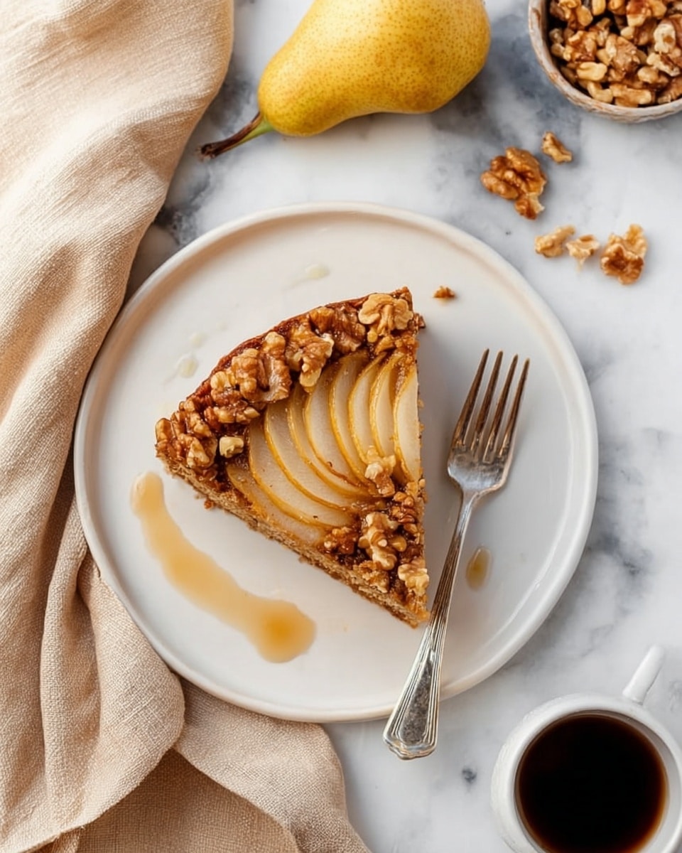 The image shows a single slice of a nut-topped dessert on a white plate sitting on a white marbled surface. The dessert has a golden-brown crust with a layer of sliced pear arranged neatly in the center, fanning out slightly from the middle. Around the pear slices are chopped walnuts spread evenly across the top, adding texture. A silver fork rests on the right side of the plate, partially on the dessert. In the background, there is a whole pear, a small white cup with dark syrup, a beige cloth, and a bowl filled with nuts. Photo taken with an iphone --ar 4:5 --v 7