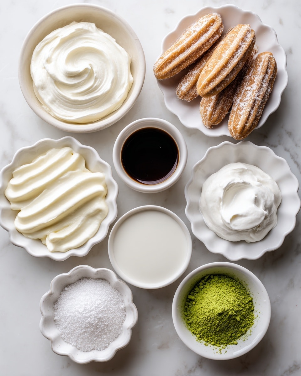 The image shows nine white dishes arranged neatly on a white marbled surface. At the top left is a round bowl filled with thick, creamy white vegan cream cheese or vegan mascarpone with a smooth but slightly textured surface. To the right, a white bowl holds several light brown ladyfingers dusted with powdered sugar. Below the cream cheese is a scalloped-edged white bowl with creamy vegan Greek yogurt or vegan mascarpone. In the middle sits a small round white cup filled with dark brown vanilla. Across from it on the right is a white bowl filled with fluffy, white coconut cream with a smooth texture. Below the vegan Greek yogurt is another white bowl filled with granular white sugar. To the bottom left is a white bowl containing powdered sugar that looks soft and fine. Next to it on the right, a white bowl holds creamy white non-dairy milk. Finally, a scalloped white bowl on the bottom right is filled with bright green matcha powder, finely textured. photo taken with an iphone --ar 4:5 --v 7