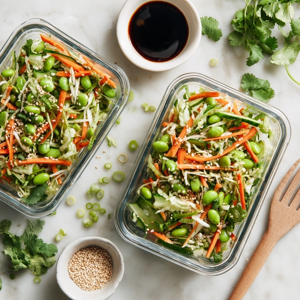 The image shows two clear rectangular glass containers filled with a colorful salad on a white marbled surface. Each container has a mix of light green edamame beans, thin white cabbage strips, bright orange carrot sticks, and darker green cucumber chunks, all sprinkled with small white sesame seeds. Around the containers are scattered green cilantro leaves and sliced green onions. A light wooden fork rests near the bottom, with small white bowls holding sesame seeds and dark soy sauce nearby. The overall look is fresh, vibrant, and healthy. photo taken with an iphone --ar 4:5 --v 7