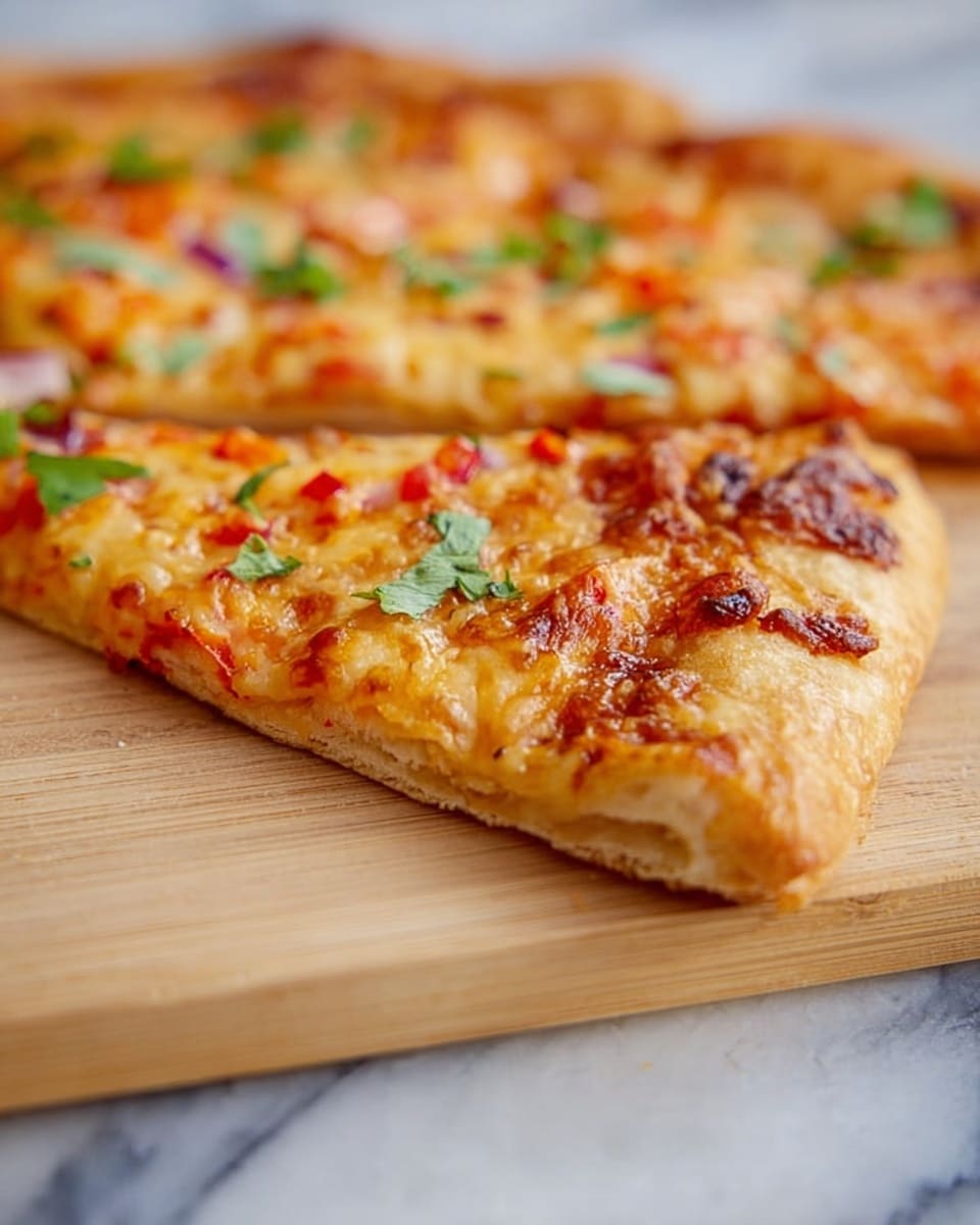A close-up view of a pizza slice placed on a light wooden board on a white marbled surface, showing a golden-brown crust with a slightly puffed and crispy texture. The pizza has a layer of melted cheese, bubbly and browned in spots, with visible bits of red and orange toppings scattered unevenly, along with small green herb leaves on top. In the background, the rest of the pizza is blurred, highlighting the detailed edge of the slice in front. Photo taken with an iphone --ar 4:5 --v 7