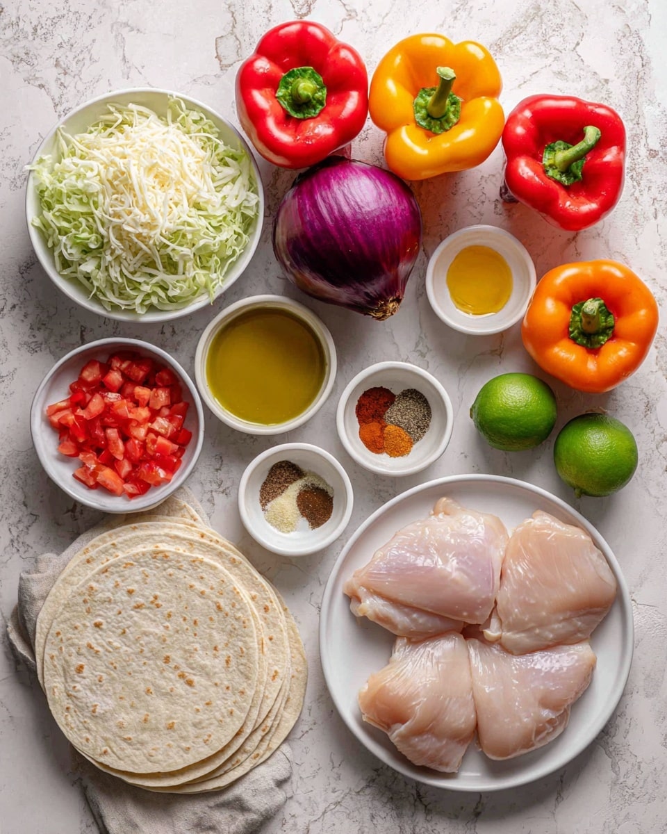 The image shows a cooking setup on a white marbled surface with several ingredients neatly arranged. In the lower right, three raw chicken pieces with a pale pink color sit on a white round plate. Above them are small white bowls holding minced garlic, golden olive oil, and a group of spices in different shades of brown, red, and green. Towards the upper middle, a red onion with deep purple skin sits next to three bell peppers in bright red, vivid orange, and sunny yellow colors. To the left, a stack of soft, light beige tortillas rests next to a small white dish with golden honey. At the top left, a white bowl contains shredded pale lettuce and cheese, with a small bowl of finely chopped fresh red tomatoes nearby. A green lime adds a pop of color near the tortillas, completing the fresh ingredients on display. photo taken with an iphone --ar 4:5 --v 7