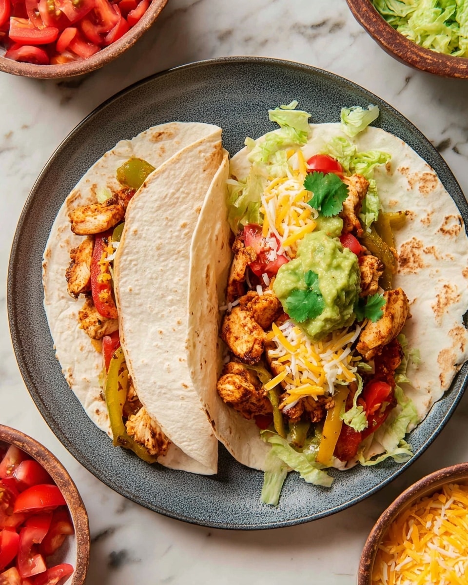 Two soft tortillas lay on a gray plate on a white marbled surface. The left tortilla is folded and filled with colorful grilled vegetables visible at the edges. The right tortilla is open, showing three layers: the bottom layer is pieces of cooked golden-orange chicken, the middle layer has shredded cheese along with diced red tomatoes and light green lettuce, and the top layer is a small green dollop of guacamole garnished with chopped cilantro, bright yellow pepper strips, and more lettuce. Around the plate are bowls filled with shredded cheese and diced tomatoes. photo taken with an iphone --ar 4:5 --v 7