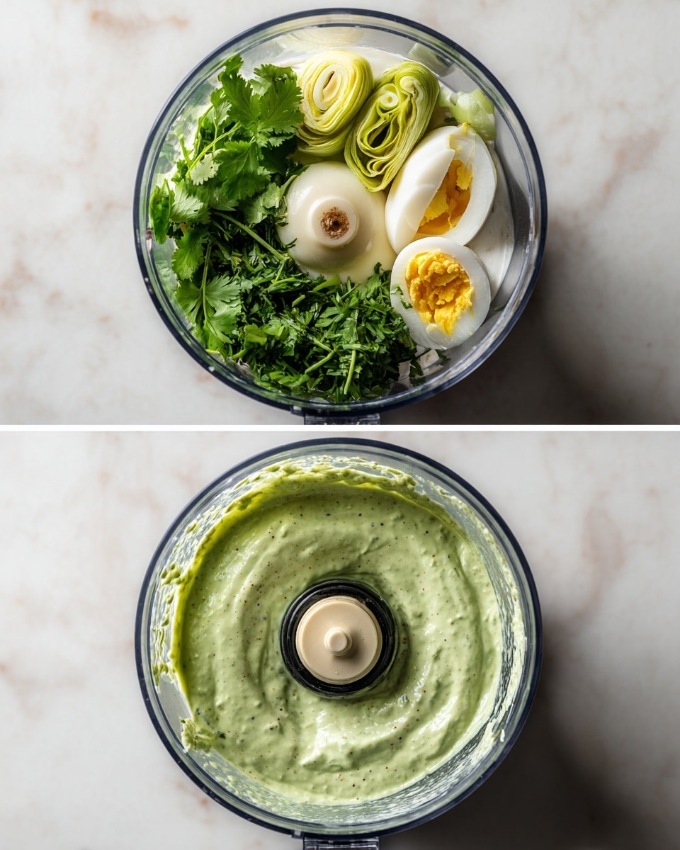 A clear food processor bowl shown from top view is filled with several fresh ingredients in layers: at the bottom, there is a base of white creamy sauce, topped with bright green fresh herbs like cilantro, three whole peeled garlic cloves, a few slices of a green vegetable, and a dash of yellow, likely egg yolk; in the next image, the ingredients have been blended into a smooth, thick pale green sauce with a few tiny darker green specks visible inside the bowl. Both photos have a white marbled surface background. Photo taken with an iphone --ar 4:5 --v 7