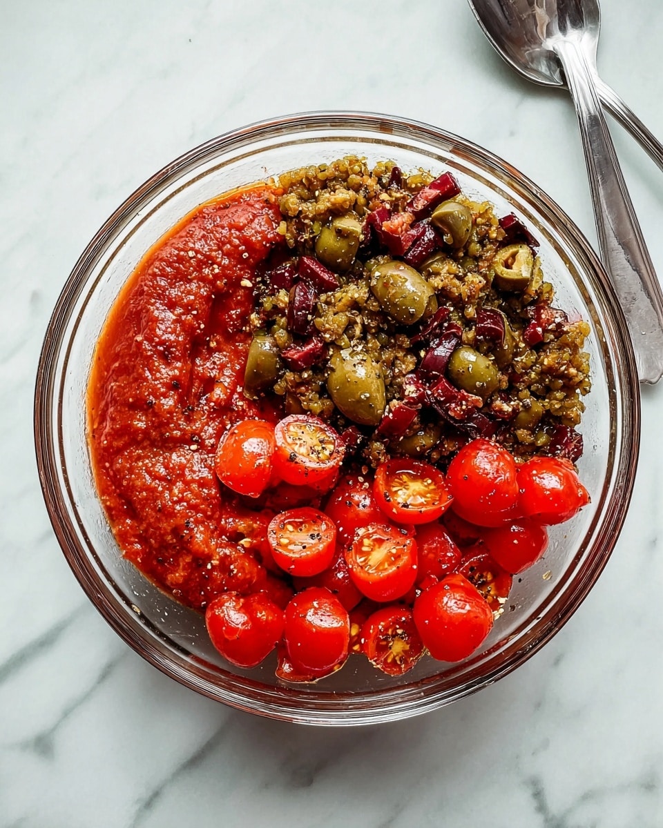A clear glass bowl on a white marbled surface contains three main layers arranged side by side: on the left, a chunky smooth red tomato sauce with a glossy oily texture; on the right, a coarse textured mix of finely chopped green and black olives with small red pieces; in the front, a scattered pile of halved bright red cherry tomatoes sprinkled with black pepper. A silver fork and spoon lie in the background. Photo taken with an iphone --ar 4:5 --v 7