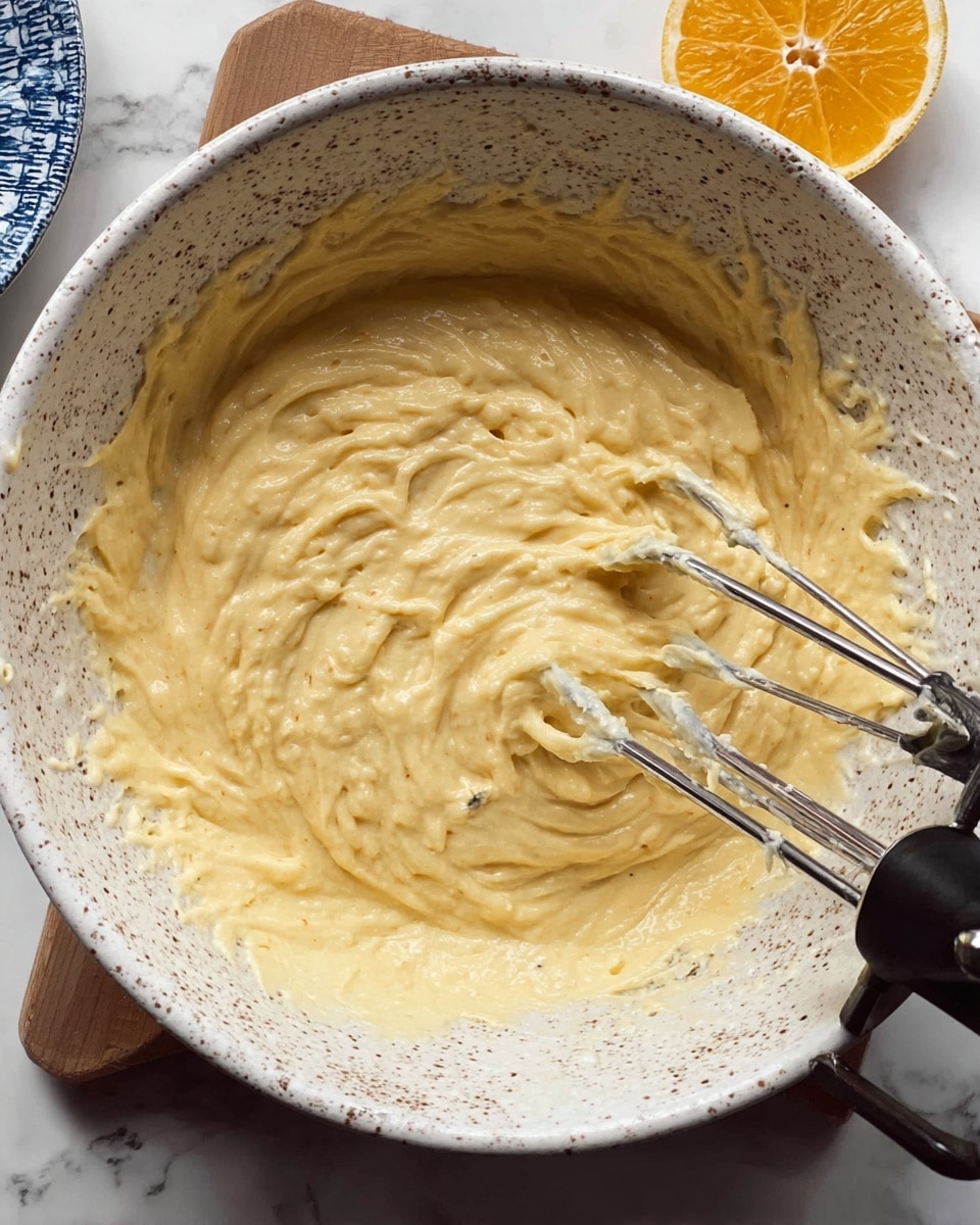 A white speckled bowl filled with thick, creamy pale yellow batter with a slightly textured surface showing soft swirls from mixing, held by a KitchenAid mixer with two metal beaters partially immersed in the batter on the right side; a small orange wedge sits on the top right edge of the bowl, all placed on a white marbled surface. Photo taken with an iphone --ar 4:5 --v 7