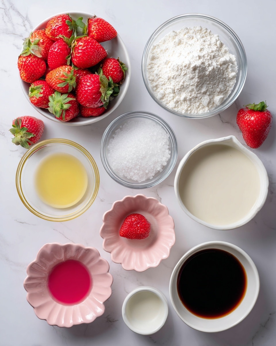 A top-down view shows nine small white bowls arranged on a white marbled surface, each holding a different ingredient. From top left, there is a bowl filled with bright red strawberries with green leaves, next to a bowl full of white flour. Below the flour bowl is a transparent bowl holding white sugar crystals. To the left of the sugar is a bowl with light yellow oil. Below the oil is a pink scalloped bowl containing white baking powder. To the right of the baking powder is beige dairy-free milk in a white bowl. Below the milk is a white bowl with dark brown vanilla liquid. Finally, at the bottom left, there is a small white bowl with dark pink food coloring placed next to a pink scalloped bowl of apple cider vinegar. The arrangement is neat and the colors of the ingredients stand out against the white background. Photo taken with an iphone --ar 4:5 --v 7