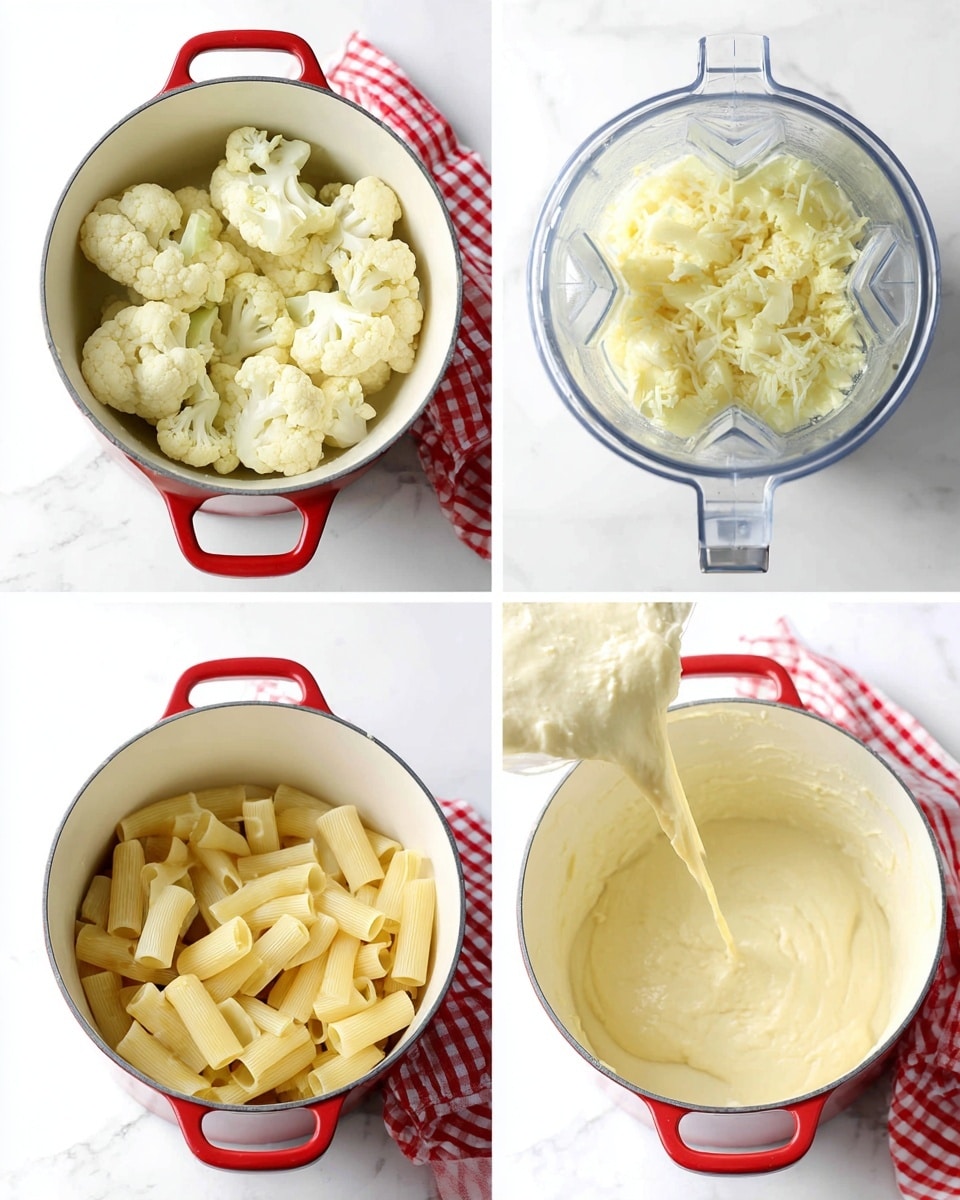 The image shows four steps of making a cauliflower cream sauce for pasta. The first frame features a white pot with a red handle filled with boiling cauliflower florets, the florets are yellow-white with a soft texture. The second frame shows the top view of a blender container with cooked cauliflower inside, yellowish white with a bit of liquid. The third frame presents the blended cauliflower creamy sauce in the blender bowl, smooth and pale yellow in color. The last frame captures the creamy cauliflower sauce being poured over rigatoni pasta inside the same white pot with a red handle, with pasta tubes pale yellow and the sauce thick and light colored; a red-and-white checkered cloth is partly visible in the background on a white marbled surface photo taken with an iphone --ar 4:5 --v 7
