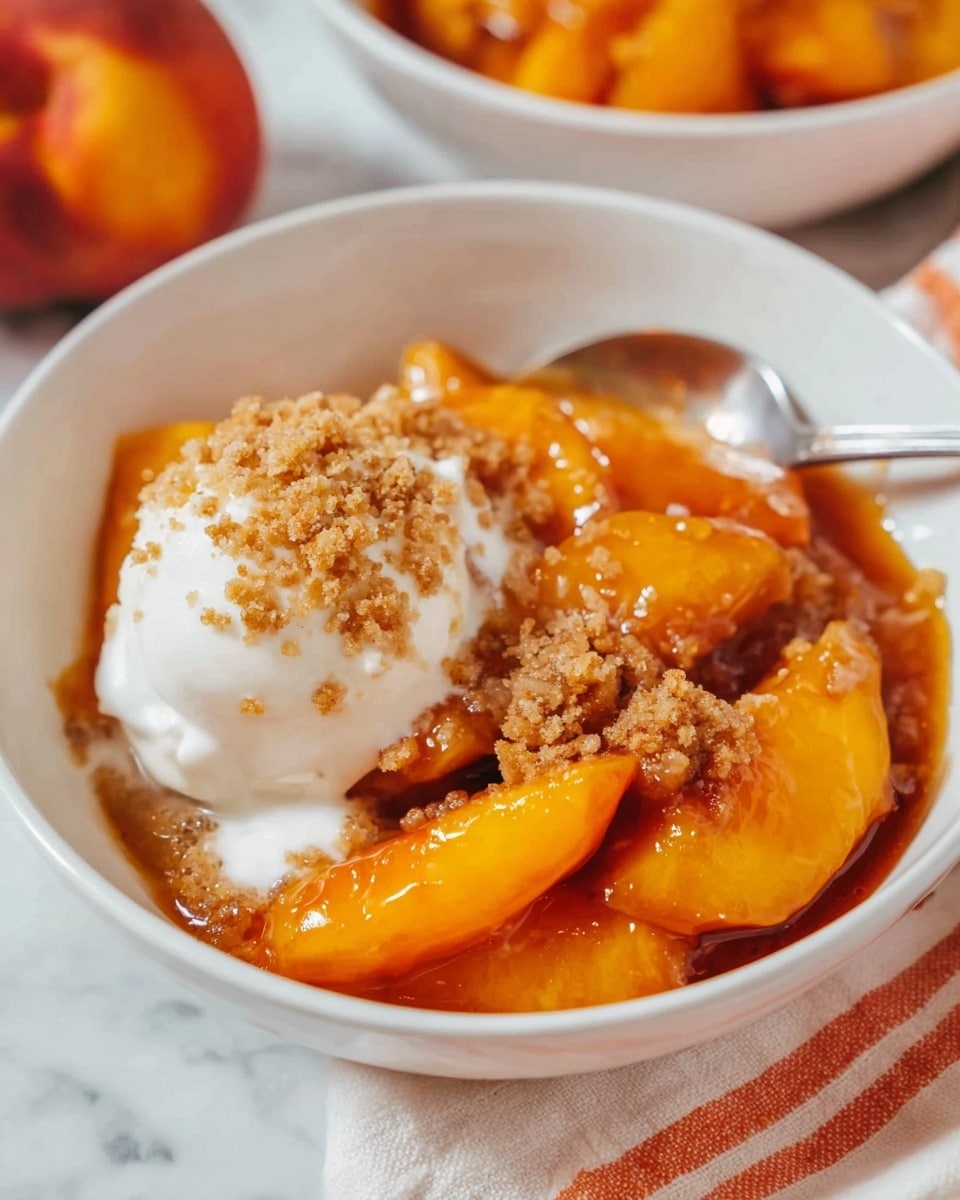 This close-up image shows a white bowl filled with warm cooked peach slices in syrup at the bottom layer, glowing with a shiny orange color and soft texture. On top, there is a generous scoop of creamy white ice cream swirled with peach syrup that creates a mix of white and light orange streaks. The ice cream is sprinkled with small crumbles of brown crunchy topping, adding a rough texture contrast. A spoon with some peach and ice cream rests inside the bowl on the right side. The bowl sits on a white marbled surface with a white cloth that has thin orange stripes around it. photo taken with an iphone --ar 4:5 --v 7