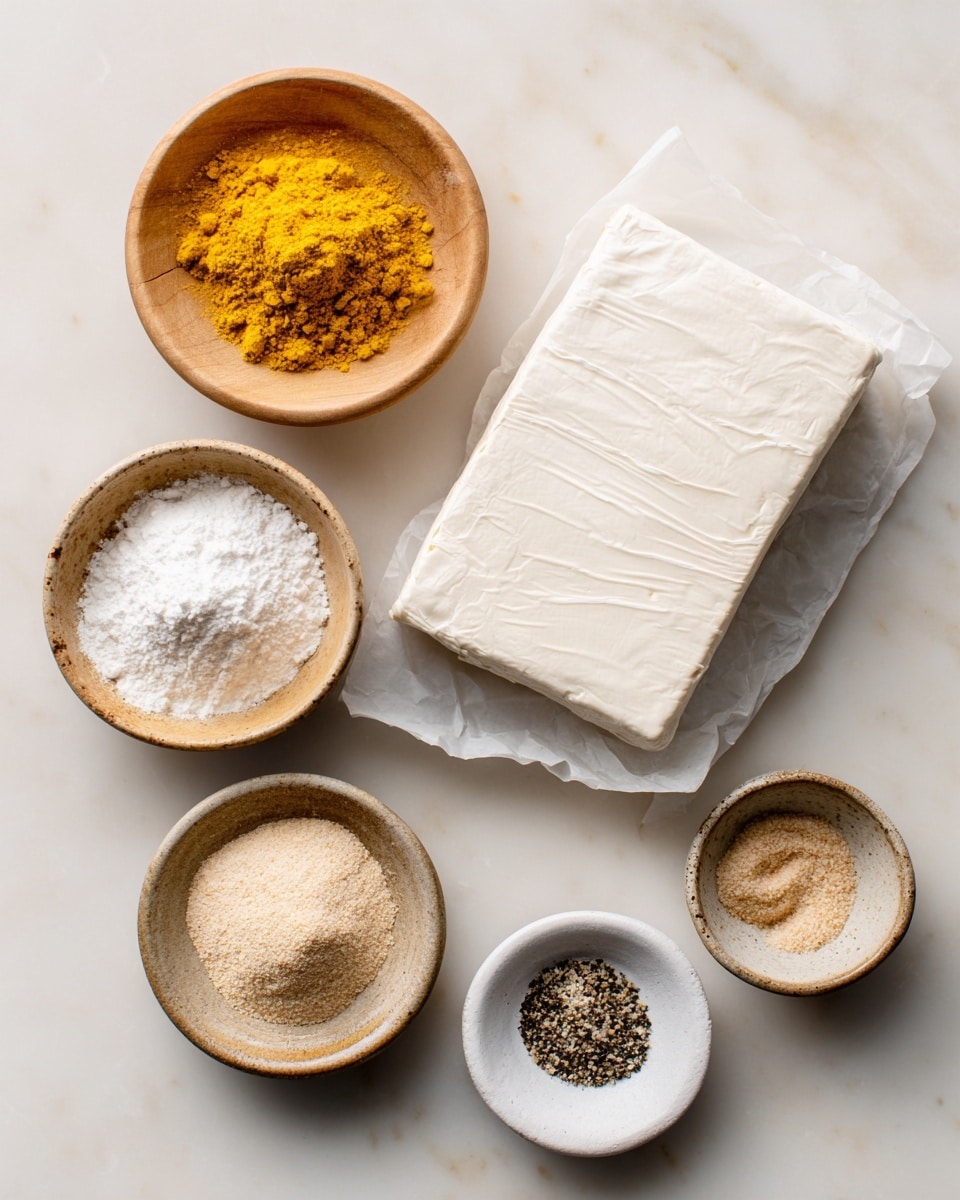 A top-down image shows six ingredients arranged neatly on a white marbled surface. On the top right is a large rectangular block of extra firm tofu wrapped in white paper with slight creases. To the left of the tofu are five small bowls containing different powders: a light wooden bowl filled with bright yellow nutritional yeast at the top left, a white bowl with white cornstarch in the center, a small earthenware bowl with beige onion powder at bottom left, another earthenware bowl with light brown garlic powder at bottom right, and a small white bowl with black and white salt and pepper mix in the middle bottom. Each ingredient is labeled with clear text. Photo taken with an iphone --ar 4:5 --v 7