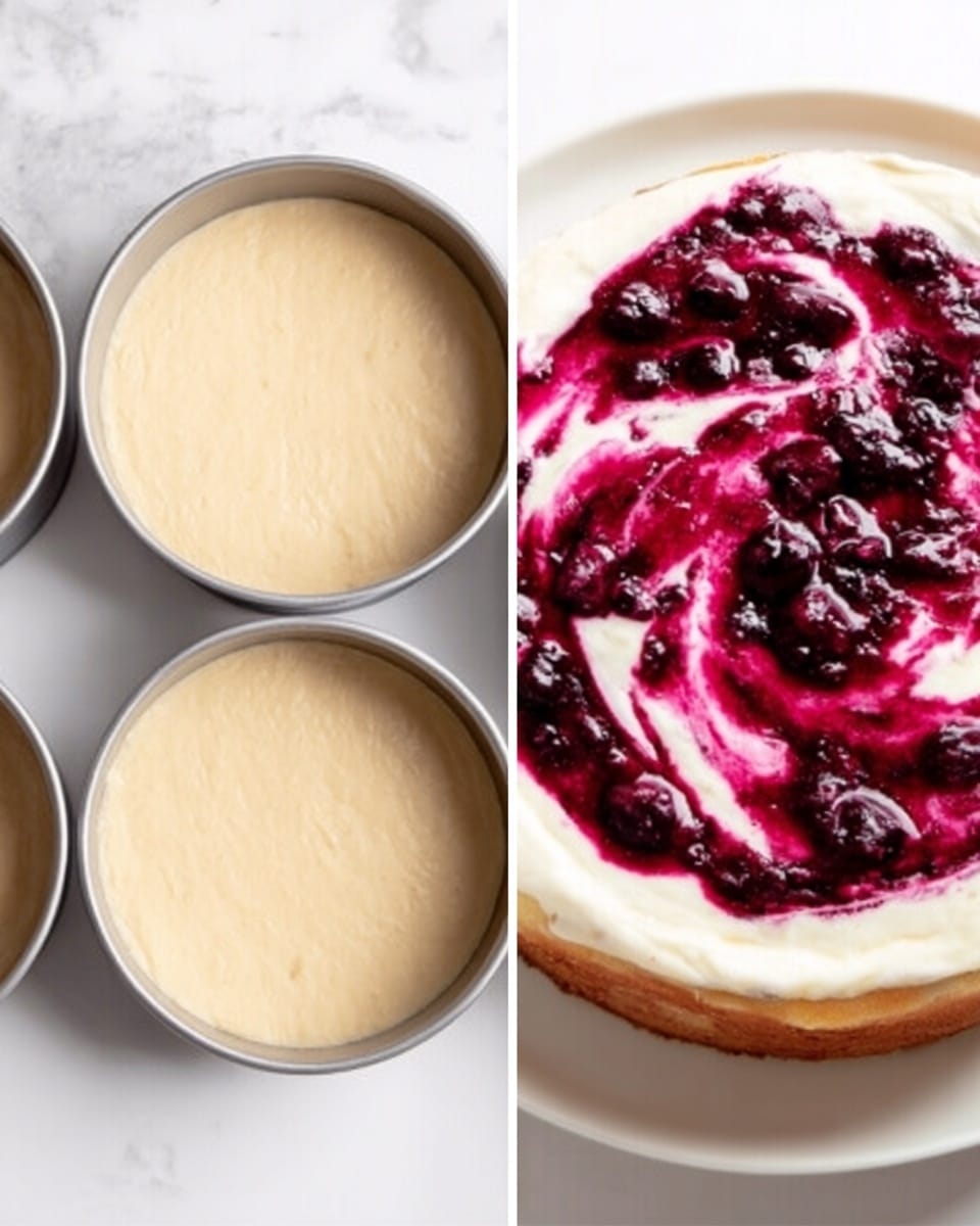 The image shows two side-by-side scenes: on the left, three round cake pans filled with light beige batter, smooth and even on top, placed on a white marbled surface; on the right, a close-up of a single white plate holding a round cake topped with a thick, creamy white layer, swirled with deep red and dark purple berry sauce creating a marbled pattern across the surface of the cream. Photo taken with an iphone --ar 4:5 --v 7