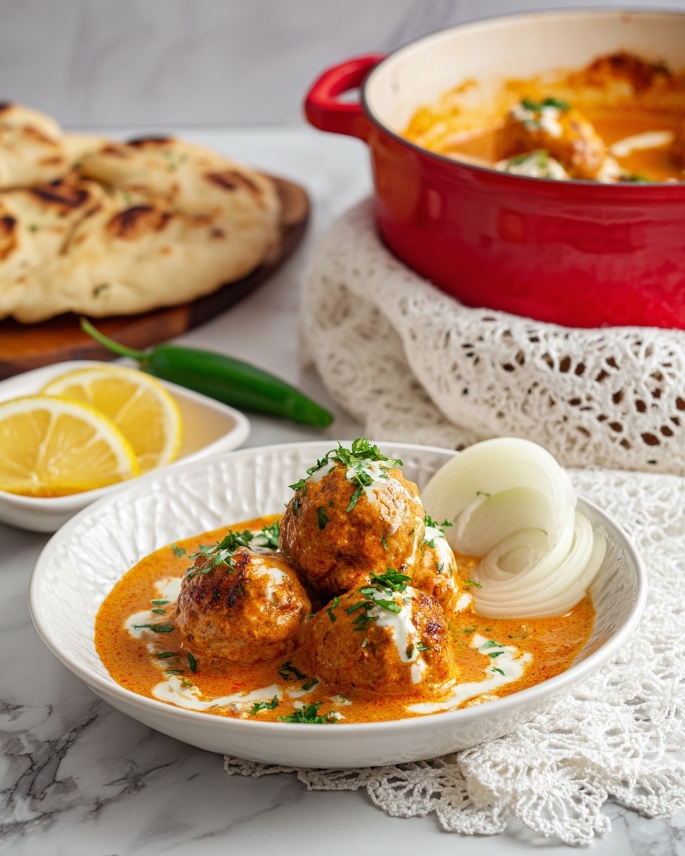 The image shows a white plate with three brown meatballs in a rich orange sauce topped with a bit of white cream and garnished with green herbs. Next to the meatballs, there are two slices of white onion, a bright yellow lemon slice, and a whole green chili pepper. Behind this, there is a piece of flatbread with a golden-brown toasted texture. The plate is placed on a white marbled surface, and in the background, there is a red pot resting on a white lace cloth with more food inside. A small white dish with lemon slices is also visible nearby. photo taken with an iphone --ar 4:5 --v 7