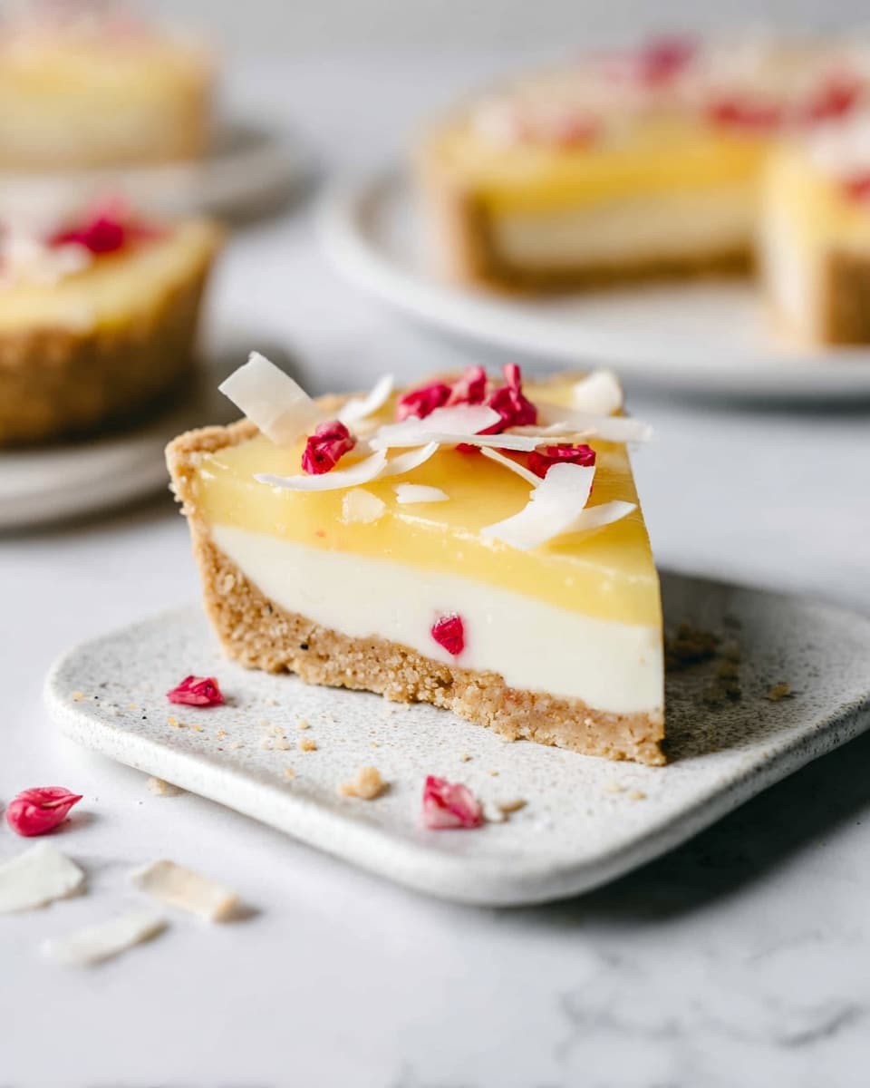 The image shows a slice of a tart on a small white textured square plate. The tart has three layers: a light brown crumbly crust at the bottom, a white creamy middle layer, and a smooth, shiny pale yellow top layer. On top of the tart slice, there are thin white coconut shreds and small red fruit pieces, scattered gently. The background is a white marbled surface, with other slices of the same tart blurred in the distance. The photo is soft-lit and focused on the front slice, highlighting the different textures and colors. photo taken with an iphone --ar 4:5 --v 7
