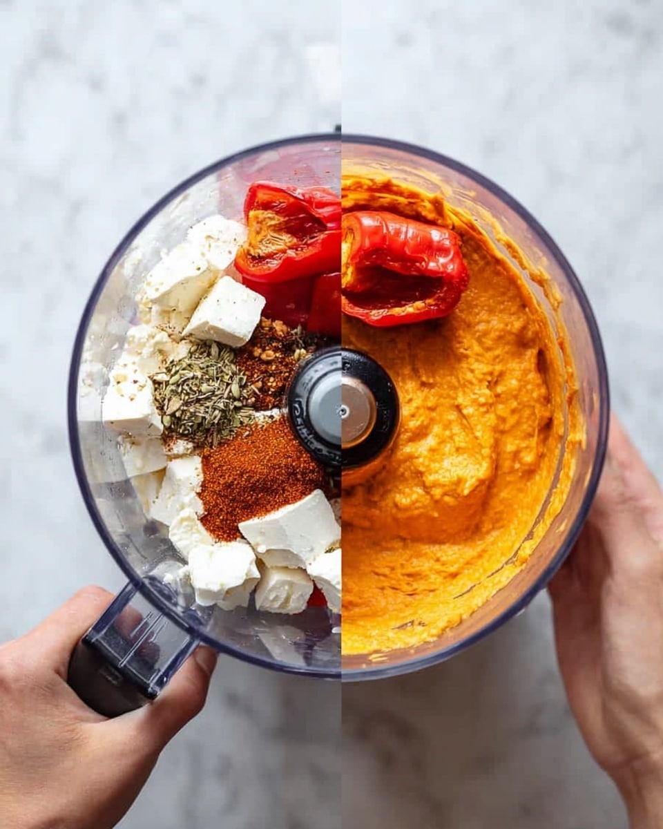 The image shows two clear food processor containers on a white marbled surface. The left container holds several layers: at the bottom, there are chunks of white cheese, dollops of white creamy yogurt, a heap of spices in green and brown shades, and two large red roasted peppers with slightly darkened edges on top. The right container contains a smooth, bright orange mixture with some texture from blending, held by two woman's hands, one gripping the handle and the other steadying the container. Photo taken with an iphone --ar 4:5 --v 7
