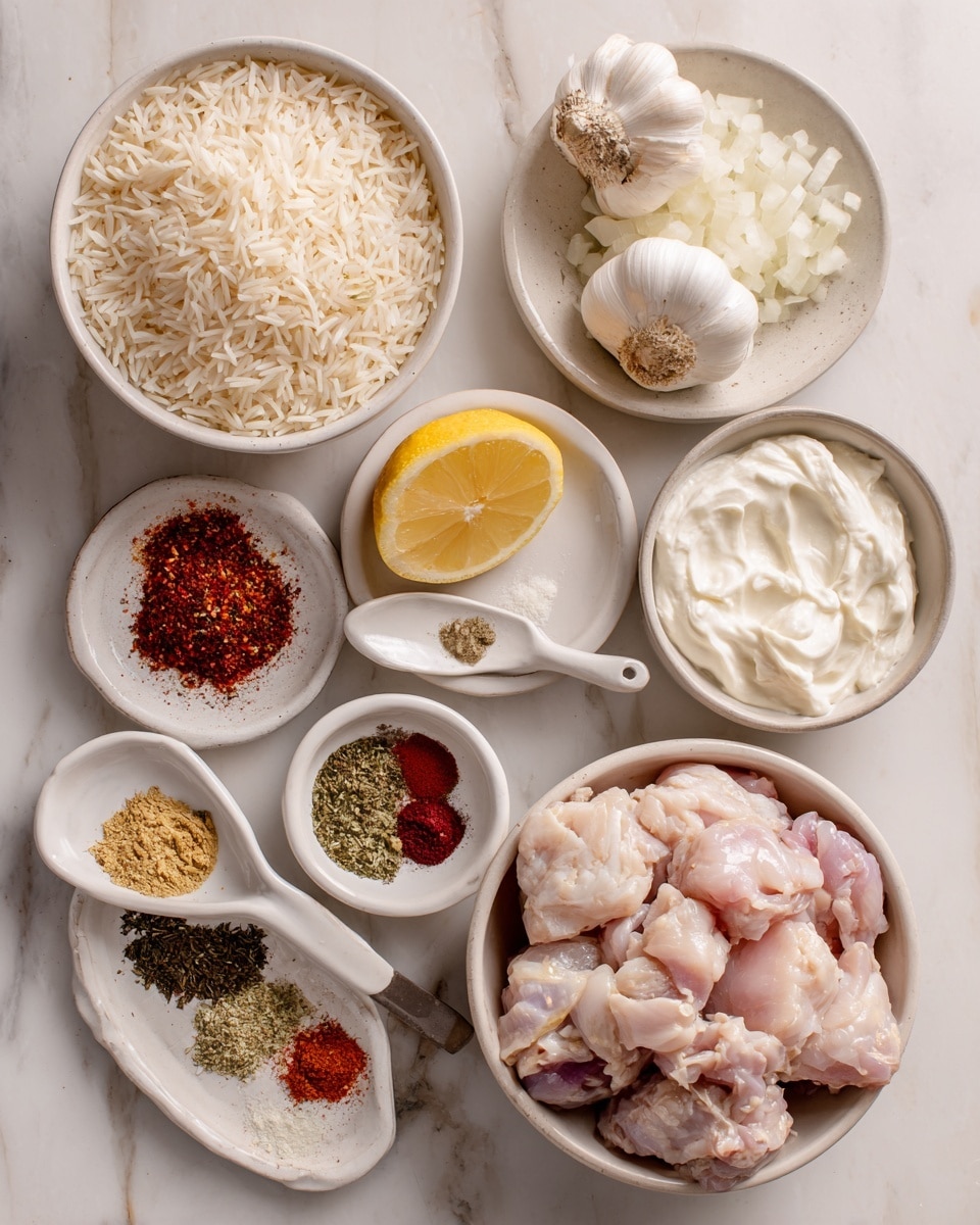 The image shows several white bowls and spoons arranged on a white marbled surface, each holding different ingredients. In the top left is a white bowl filled with long grain rice, below it a smaller white bowl with diced onions. Above the onions are three garlic cloves resting directly on the surface. To the right of the garlic are two small white plates, one with various rice spices in shades of brown and dark green, the other with sauce spices in red, brown, and green. Between these plates is a white spoon with a lemon wedge, and another white spoon holding creamy mayo. A larger white bowl of thick white yogurt sits to the right of these items. At the bottom right is a white bowl containing raw chicken thighs mixed with chicken spices, showing a mix of pale pink meat and reddish spice colors. The setup is neat and clearly labeled. Photo taken with an iphone --ar 4:5 --v 7