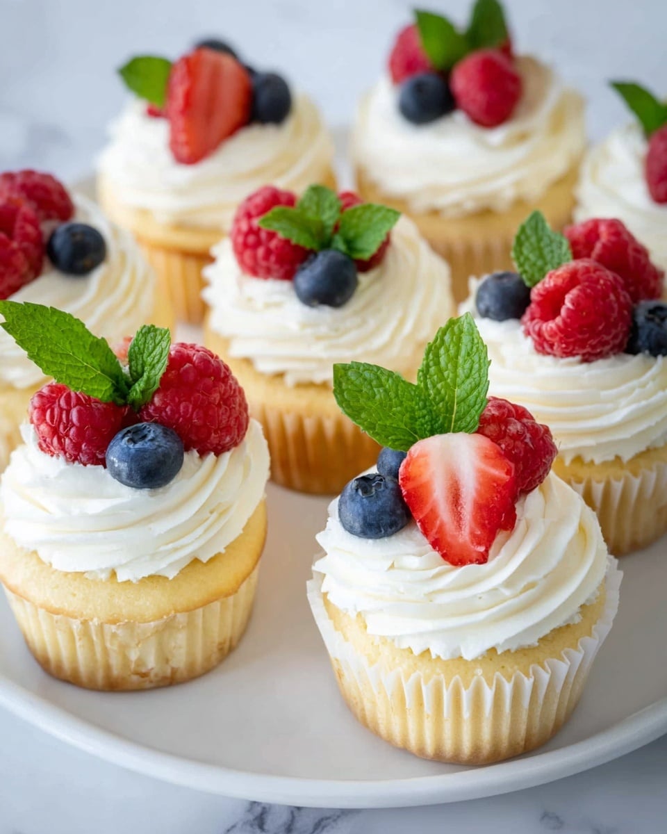 The image shows a group of small cupcakes arranged on a white plate, each cupcake having a soft yellow cake base. On top of each cupcake, there is a thick swirl of white cream frosting, smooth and creamy in texture. Each frosting swirl is decorated with a combination of fresh berries including red raspberries, blueberries, and strawberries, along with a bright green mint leaf, placed on the top center of each cupcake. The background features a white marbled surface, adding a clean and elegant feel to the image. photo taken with an iphone --ar 4:5 --v 7