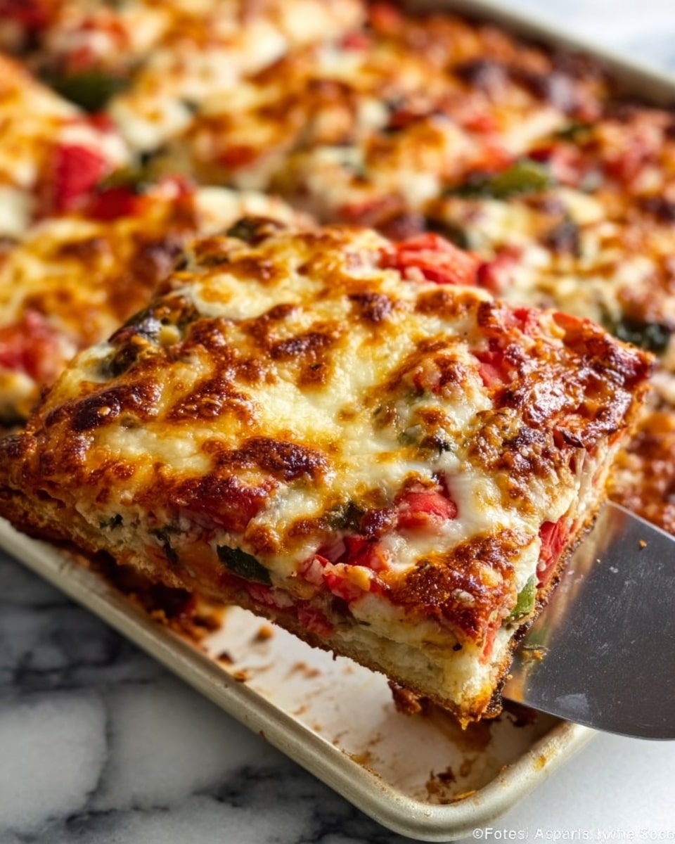 A close-up view of a square slice of thick pizza being lifted from a tray by a spatula shows a crust that is golden brown and crisp with a fluffy inside. The pizza has three main visible layers: the bottom layer is a thick, soft dough crust, the middle layer is a mix of diced red tomatoes and green vegetables, and the top layer is a rich, bubbling melted cheese with browned spots scattered across the surface. The rest of the pizza remains in the white baking tray with more melted cheese and toppings visible. The tray is placed on a white marbled surface. photo taken with an iphone --ar 4:5 --v 7