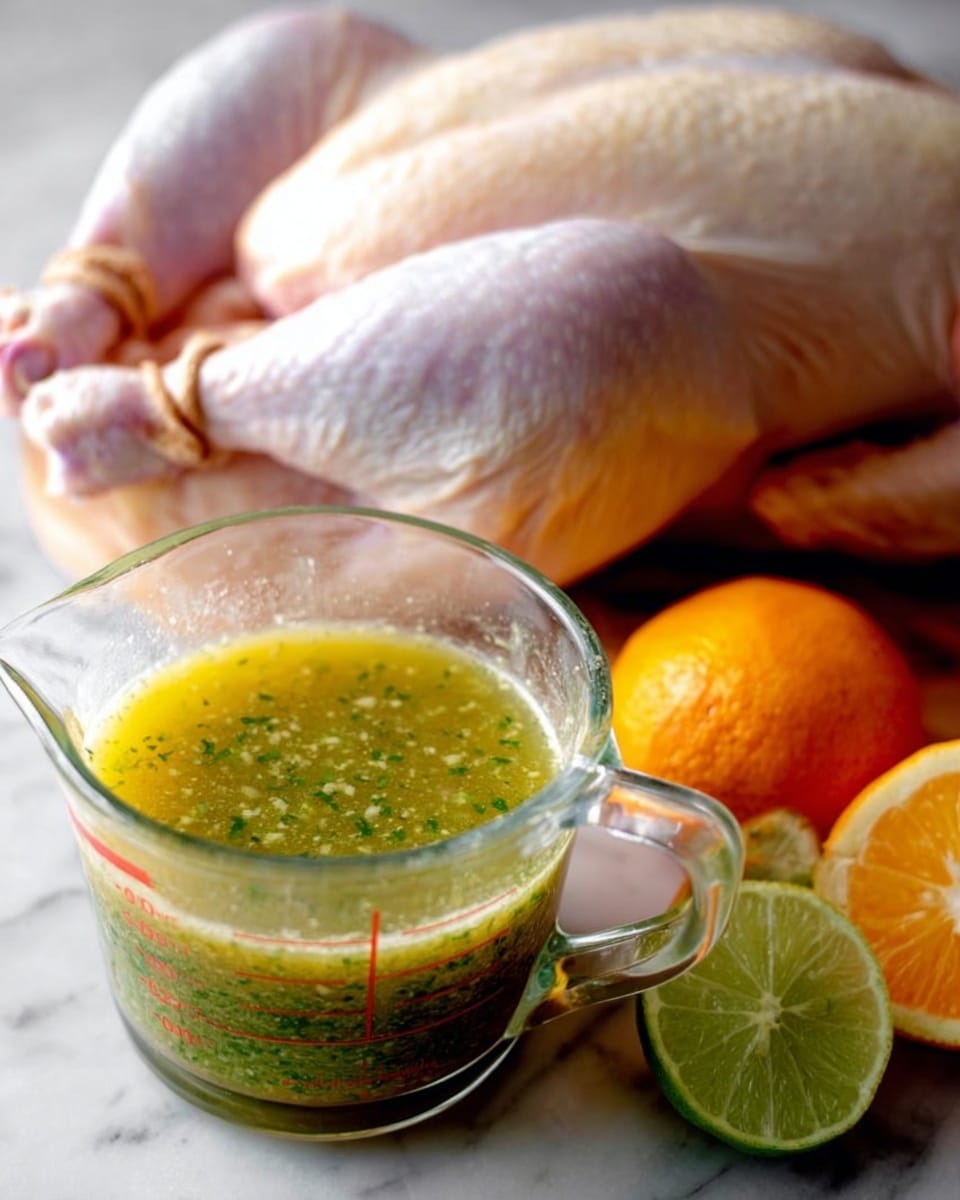 The image shows a raw whole chicken with tied legs lying on a white marbled surface in the background. In front, there is a clear glass measuring cup filled with a layered green sauce that has a slightly chunky texture on top and a smoother, lighter green-yellow layer beneath. To the right of the cup, there are cut halves of a bright orange, and to the left, a wedge of lime. A woman's hand is gently touching the edge of the chicken in the background. Photo taken with an iphone --ar 4:5 --v 7