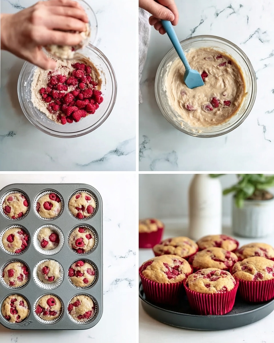 The image shows a step-by-step process of making raspberry muffins in four parts. In the top left, a woman's hand with a spoon is mixing red raspberries into thick, creamy batter in a clear glass bowl on a white marbled surface. The batter is light beige with visible raspberry pieces. The top right shows the same glass bowl with a blue spatula stirring the batter, which is now smoother and evenly mixed with raspberries. The bottom left part displays a metal muffin tin with 12 white muffin liners filled with batter and scattered raspberries on top, ready to bake, placed on a white marbled surface. The bottom right part shows a close-up of a black plate holding nine golden-brown muffins in red liners, topped with fresh raspberries, with a blurred white bottle and green plant in the background on a white marbled surface. photo taken with an iphone --ar 4:5 --v 7