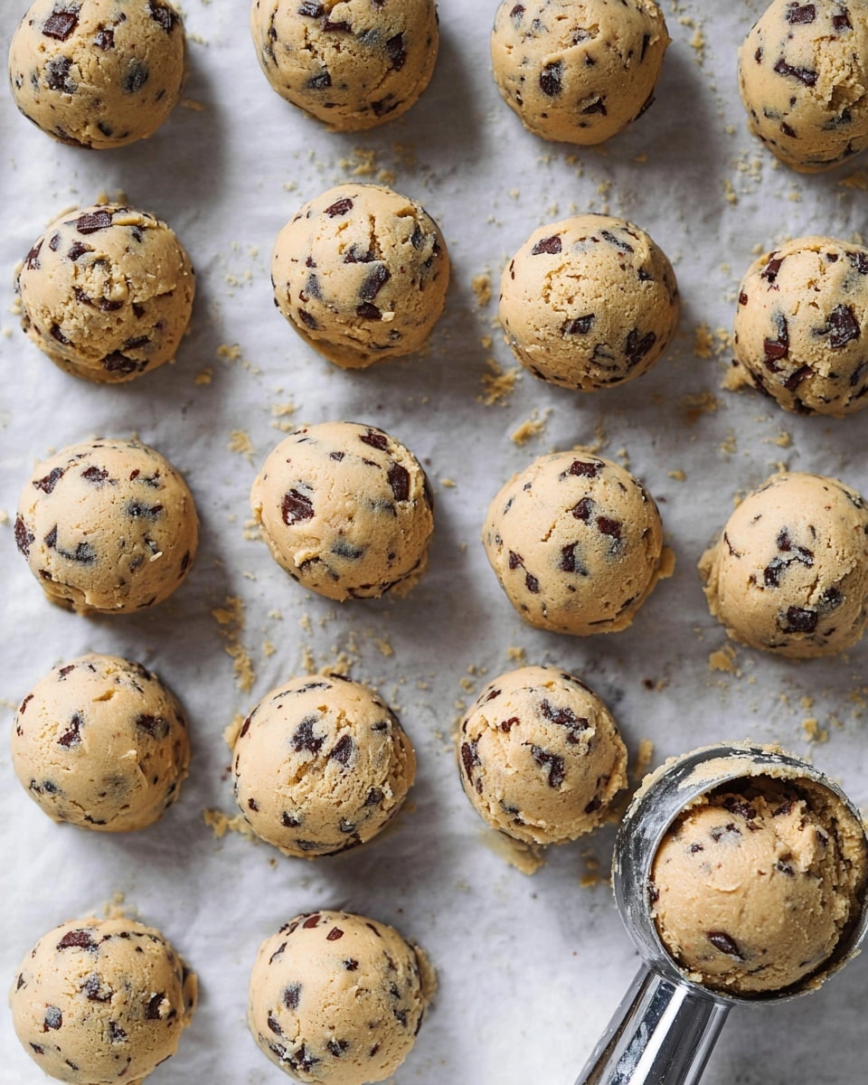 A flat view of round scoops of light tan cookie dough with dark chocolate chunks spread closely on a parchment paper-lined white marbled surface, showing about 20 dough balls arranged in a grid. On the bottom right, a shiny silver ice cream scoop contains more cookie dough, with some dough sticking to its sides. The dough texture looks soft with small cracks, and the chocolate chunks are unevenly placed inside each scoop. Photo taken with an iphone --ar 4:5 --v 7