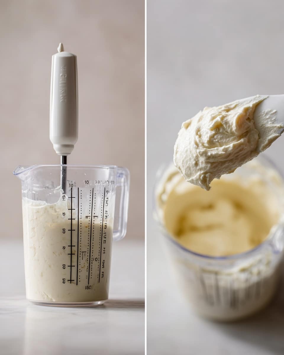 The image features two close-up views of a clear plastic measuring cup on a white marbled surface. On the left, the cup is filled about halfway with a pale yellow creamy mixture, with a white immersion blender inserted vertically into it. Measurements in black markings run down the side of the cup. On the right, the focus is on a white spatula lifting the creamy mixture from the cup, showing its thick, smooth texture. The background is softly blurred but keeps the same white marbled texture. photo taken with an iphone --ar 4:5 --v 7