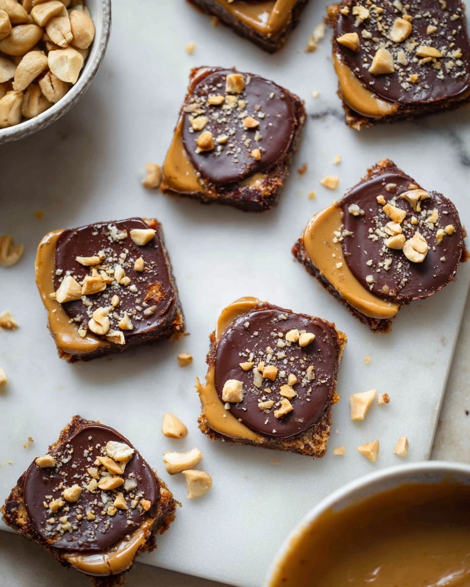 The image shows seven small square snacks arranged on a white marbled surface. Each snack has three visible layers: the bottom layer is a dark brown, slightly rough textured base, the middle layer is a smooth, thick caramel or peanut butter-like spread in a light brown color, and the top layer is a shiny dark chocolate disk. Small small pieces of chopped nuts, mainly light beige, are scattered on top of each chocolate layer and around the snacks on the surface. In the bottom right corner, part of a bowl with a beige mixture is visible, and on the left side, there is a bowl containing some whole light beige nuts. The photo taken with an iphone --ar 4:5 --v 7