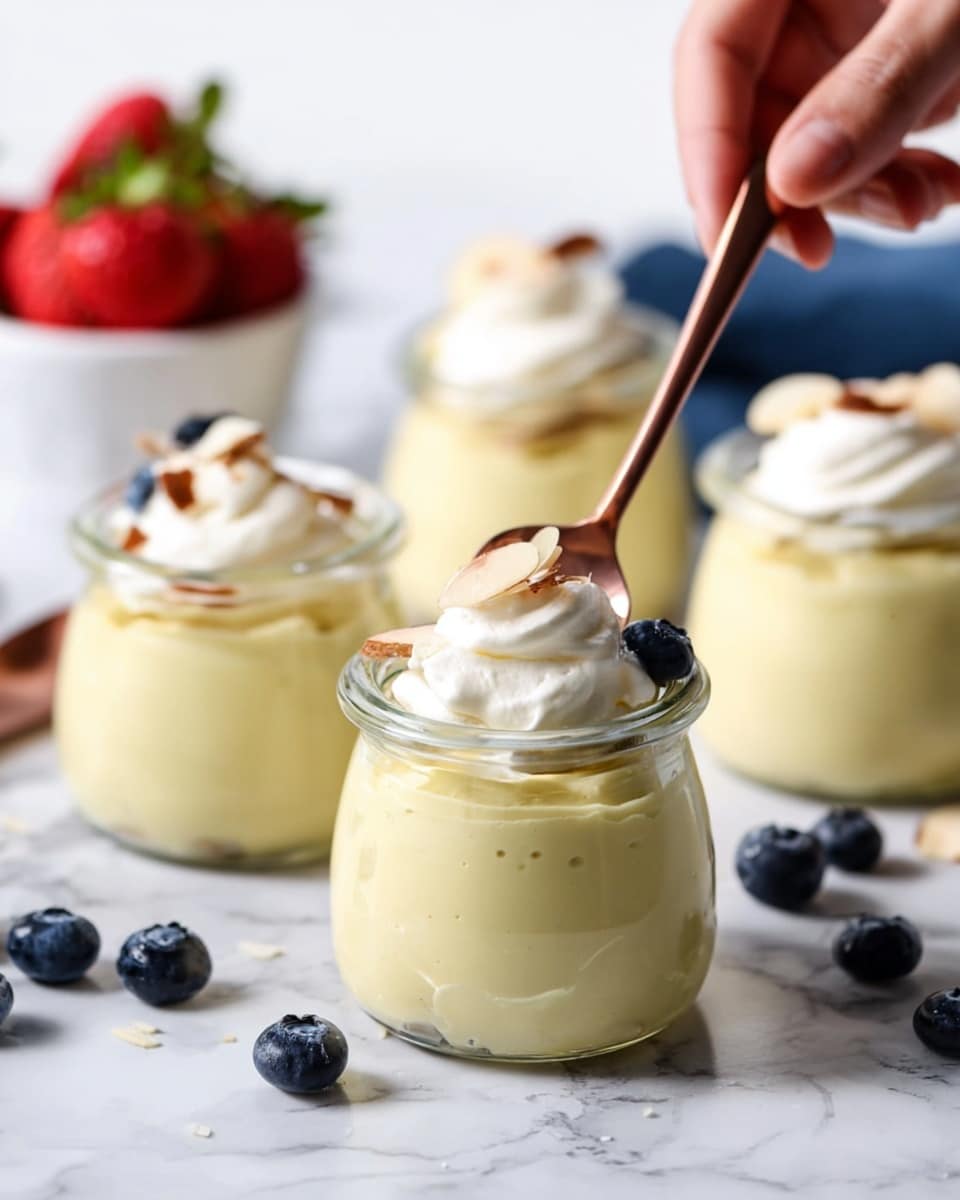 Four small clear glass jars sit on a white marbled surface, each filled with creamy pale yellow pudding with a smooth, thick texture. The jars are topped with dollops of white whipped cream and small pieces of almond or nut. Blueberries are scattered around the jars, adding deep blue spots of color. A woman's hand holds a copper spoon digging into the pudding in the front jar. In the background, there is a small white bowl filled with red strawberries, slightly out of focus. Photo taken with an iphone --ar 4:5 --v 7