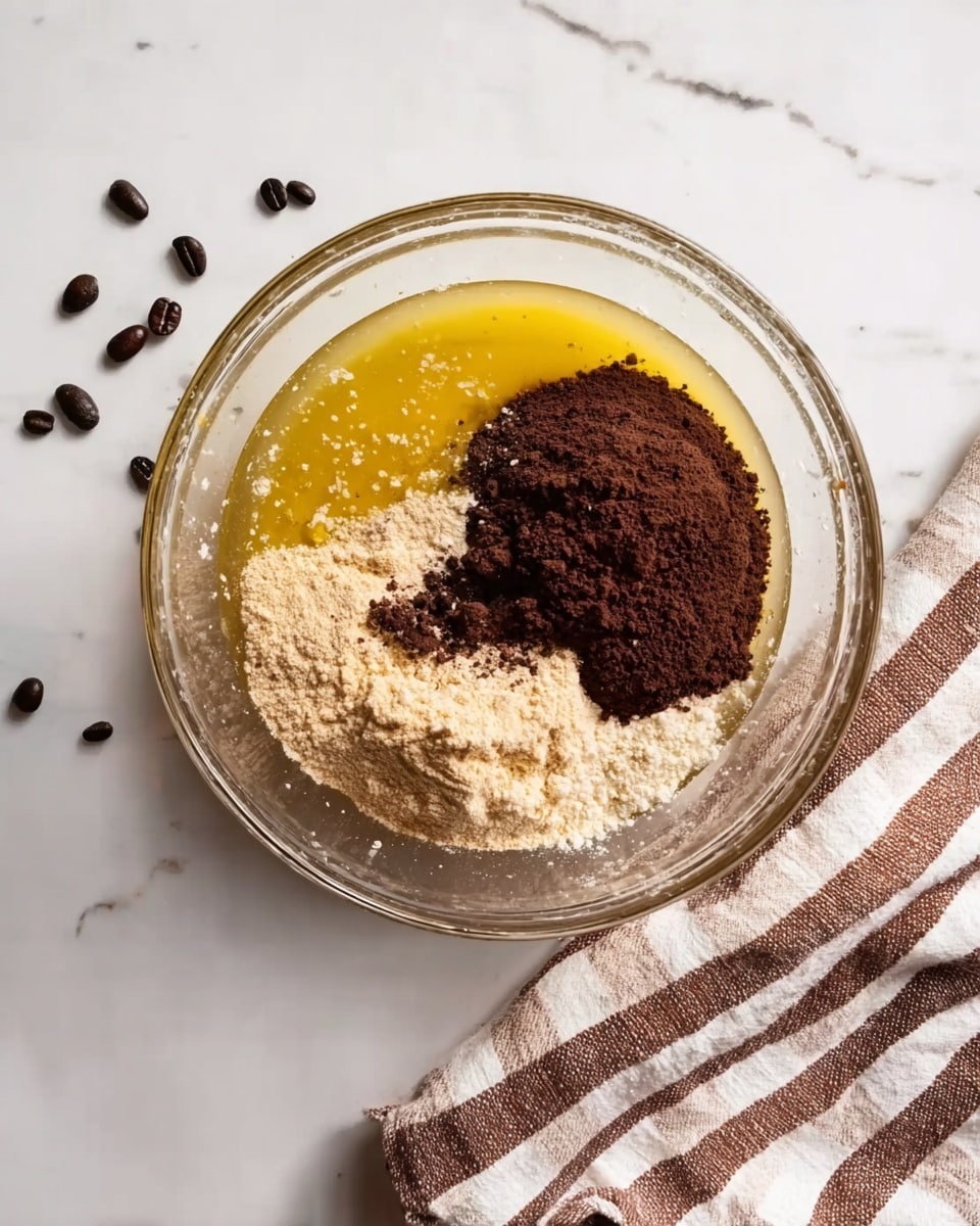 A clear glass mixing bowl sits on a white marbled surface with a brown and white striped cloth partially under it. Inside the bowl, there are three separate layers of ingredients: on the top right is a dark brown powder that looks like cocoa, on the bottom right is a light beige powder that seems like brown sugar or flour, and on the left side is a shiny yellow layer that appears to be melted butter or oil. Small dark brown coffee beans are scattered around the bowl on the white marbled surface. Photo taken with an iphone --ar 4:5 --v 7