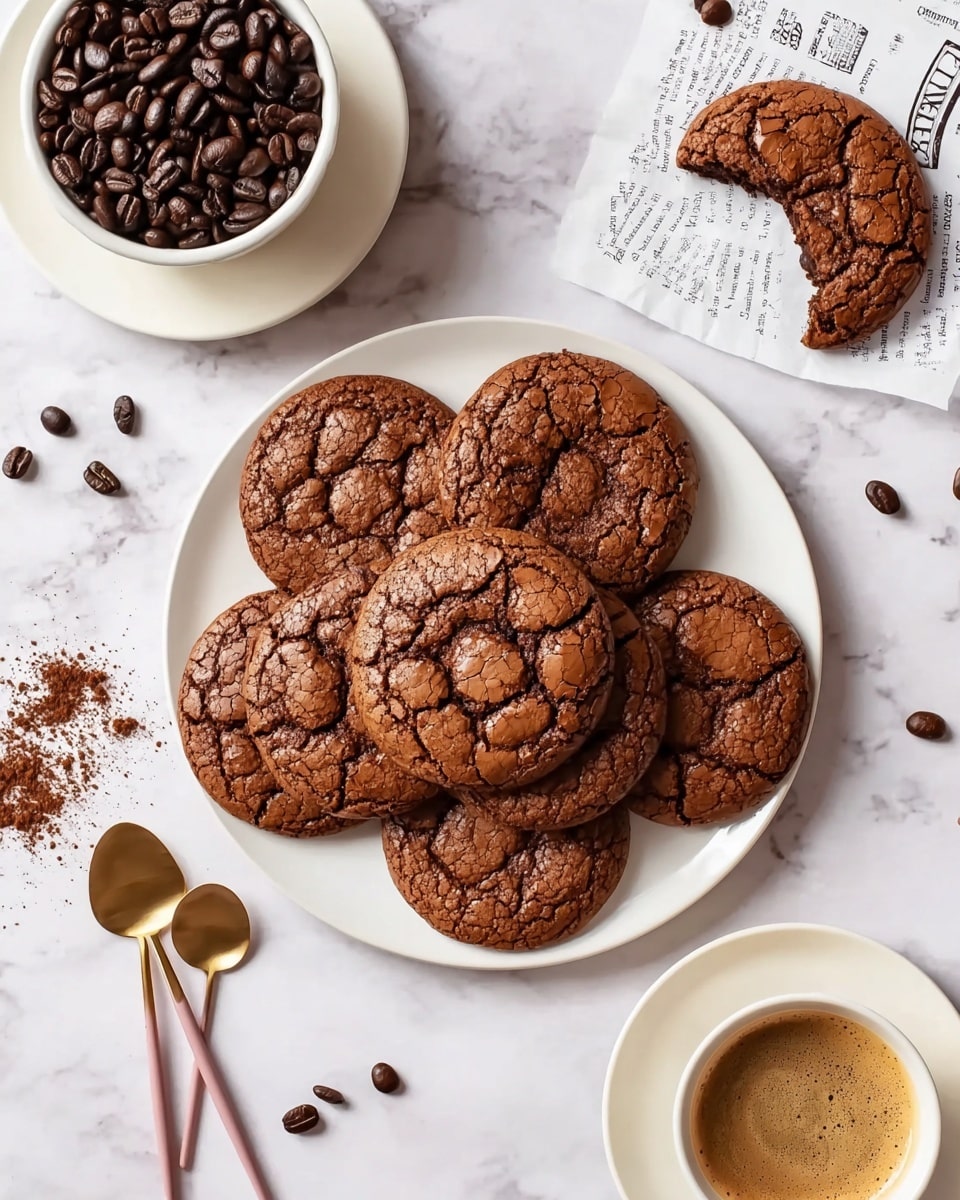 A white cup filled with dark brown coffee showing light brown foam on top fills most of the image. A large, cracked textured brown cookie is being dipped into the coffee from the top right, partially soaked with bubbles and foam around the cookie edge. The cup handle is on the right side, with the white marbled surface beneath it softly blurred in the background. Photo taken with an iphone --ar 4:5 --v 7