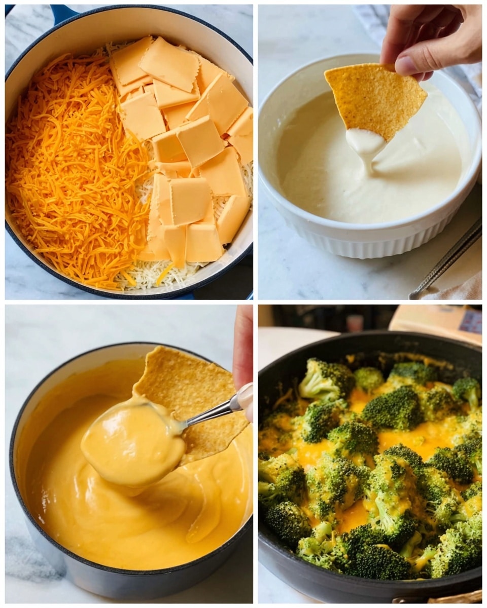 The image shows a four-step process of making a cheesy sauce. In the first square, shredded orange cheddar cheese and Velveeta cheese slices are layered on top of a creamy white mixture in a pot. The second square displays a white bowl filled with smooth, melted cheese sauce with a spoon inside, placed on a white marbled surface. The third square shows a close-up of the creamy orange cheese sauce with a woman’s hand dipping a tortilla chip into it. The last square presents a black pan filled with broccoli covered in the melted cheese sauce, again on a white marbled surface. photo taken with an iphone --ar 4:5 --v 7