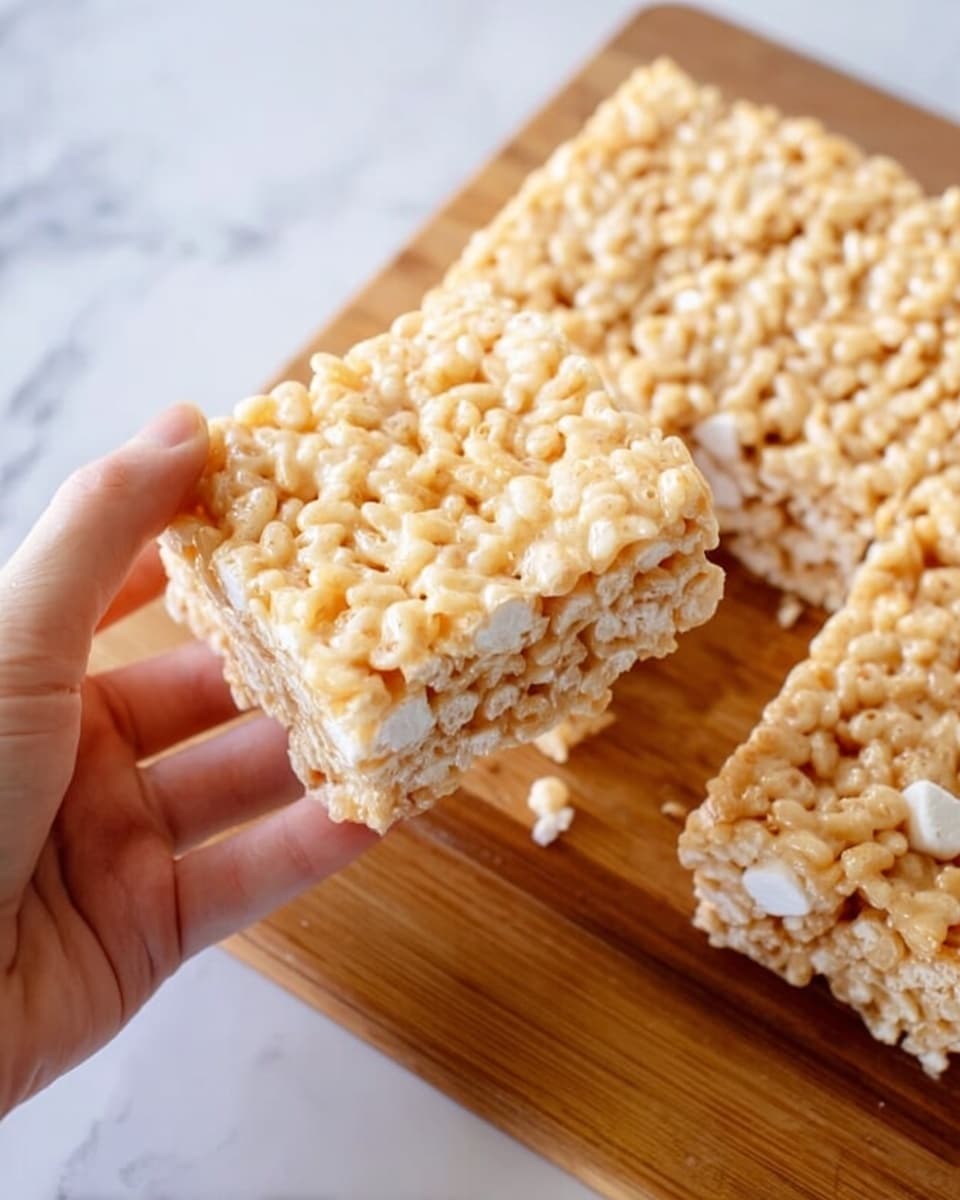 The image shows four square bars of light golden crispy rice treats with visible puffed rice grains and some white marshmallow bits embedded throughout. The squares are arranged closely on a wooden textured surface with light vertical stripes. Each bar has a rough, slightly bumpy texture, with soft, fluffy white patches scattered evenly. Photo taken with an iphone --ar 4:5 --v 7