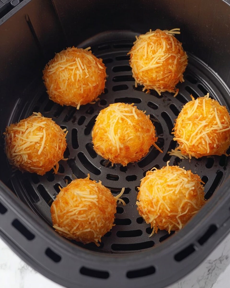 The image shows six round orange balls shaped from a mixture and placed inside a dark air fryer basket. Each ball has strands of light yellow cheese sprinkled and sticking on the outside, giving a textured look. The balls are evenly spaced in a circular pattern inside the basket, which has a vented center with small holes. The dark color of the basket contrasts with the bright orange and yellow balls. The background surface visible at the edges is white with a marbled texture photo taken with an iphone --ar 4:5 --v 7