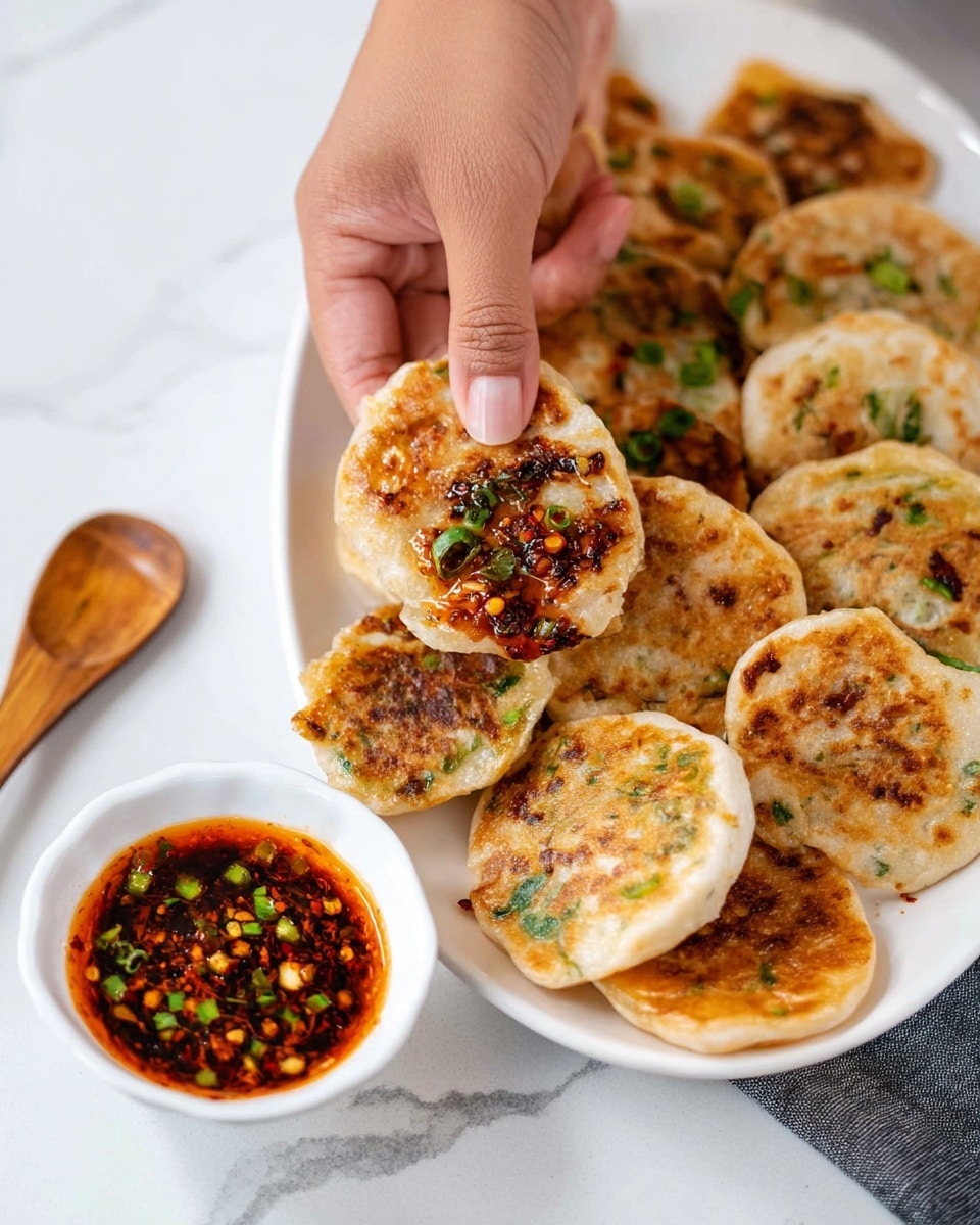 A close-up of multiple small round pancakes with a golden-brown crispy texture and bits of green onion on top, arranged on a white plate placed on a white marbled surface. A woman's hand is holding one pancake filled with a red spicy sauce and some green herbs inside, showing its folded shape. Next to the plate is a small white bowl filled with a dark red chili dipping sauce with green bits, and a wooden spoon resting nearby. Photo taken with an iphone --ar 4:5 --v 7