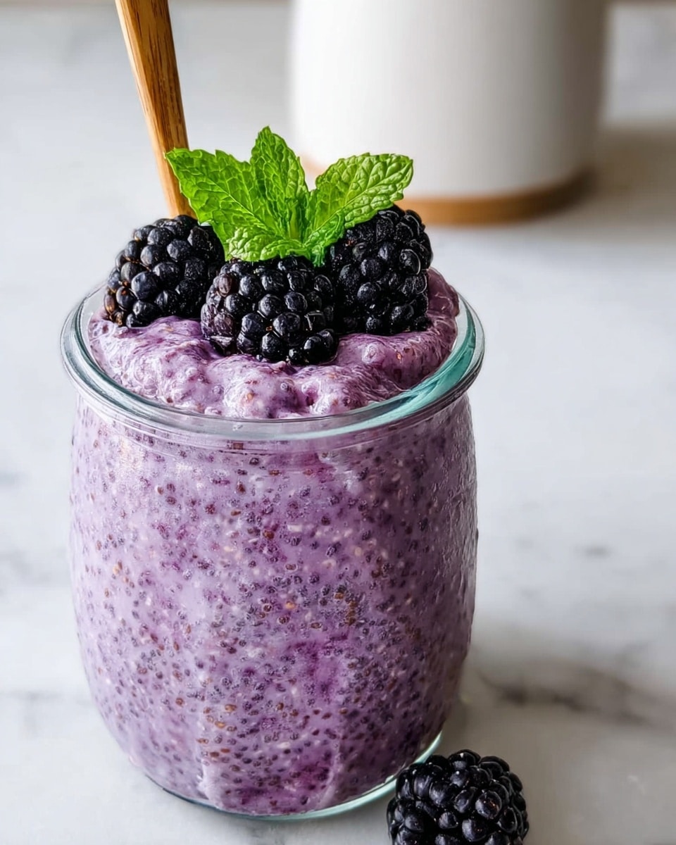 The image shows a clear glass jar filled with a thick, purple chia pudding that has a creamy and slightly textured look with visible chia seeds inside. On top of the pudding, there are three dark, shiny blackberries and two fresh, green mint leaves standing upright as decoration. A small wooden spoon is placed inside the jar behind the mint leaves. The jar sits on a white marbled surface, and in the background, there is a blurred white ceramic container. photo taken with an iphone --ar 4:5 --v 7