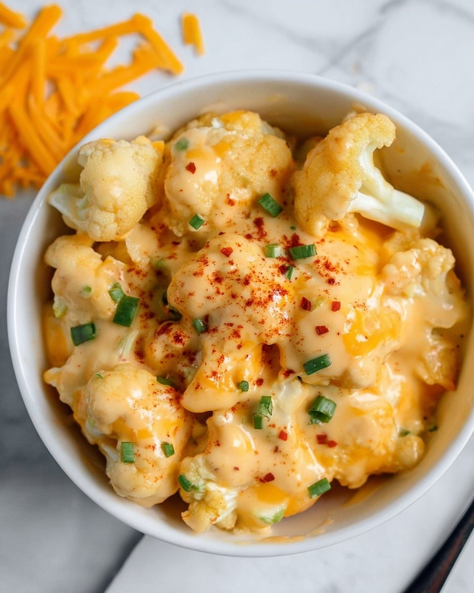 A white bowl filled with soft cauliflower covered in thick, creamy orange-yellow cheese sauce, dotted with small green pieces of chive and a light sprinkle of red seasoning on top. A few thin, shredded orange cheese pieces are scattered on a white marbled surface beside the bowl. The texture of the cheese sauce looks smooth and silky, enveloping the cauliflower in a comforting way. The photo taken with an iphone --ar 4:5 --v 7
