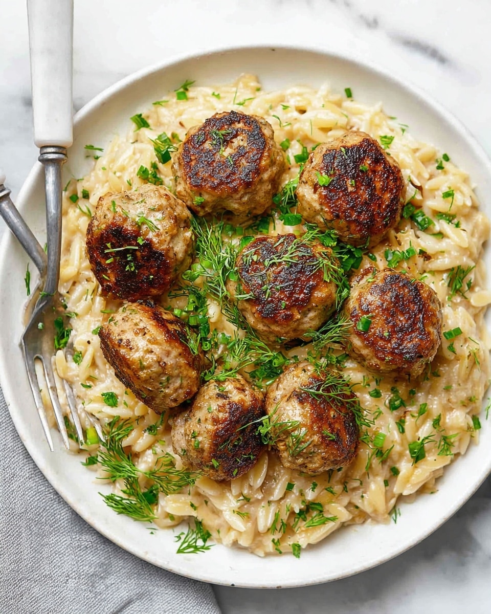 A white round plate on a white marbled surface holds a creamy bed of orzo pasta as the first layer, light beige in color with a smooth, slightly lumpy texture. On top of the orzo are six golden-brown meatballs arranged in a rough circle, each showing a browned, crisp surface with specks of green herbs. The dish is garnished with finely chopped green chives and sprigs of fresh dill, scattered lightly over the meatballs and orzo. At the top left of the plate, a woman's hand is holding a white-handled knife and fork resting on the edge of the plate. photo taken with an iphone --ar 4:5 --v 7