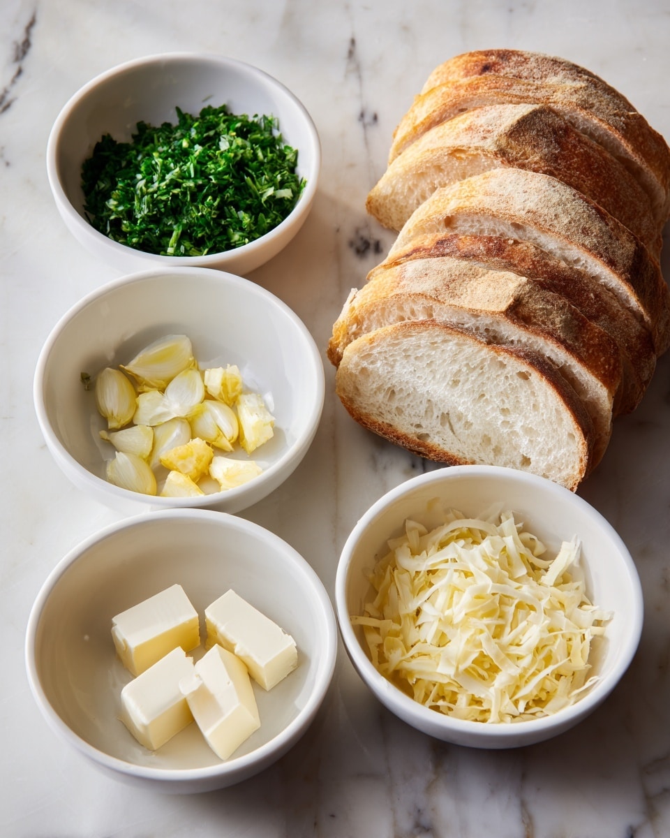 The image shows five white bowls on a white marbled surface, each containing a different ingredient: chopped green parsley, small yellow garlic pieces, small white pieces of butter, and shredded pale yellow cheese. Next to the bowls is a sliced loaf of bread, with a few slices fanned out in front. The bread has a light brown crust and soft, white inside. The whole scene is neat and bright. Photo taken with an iphone --ar 4:5 --v 7