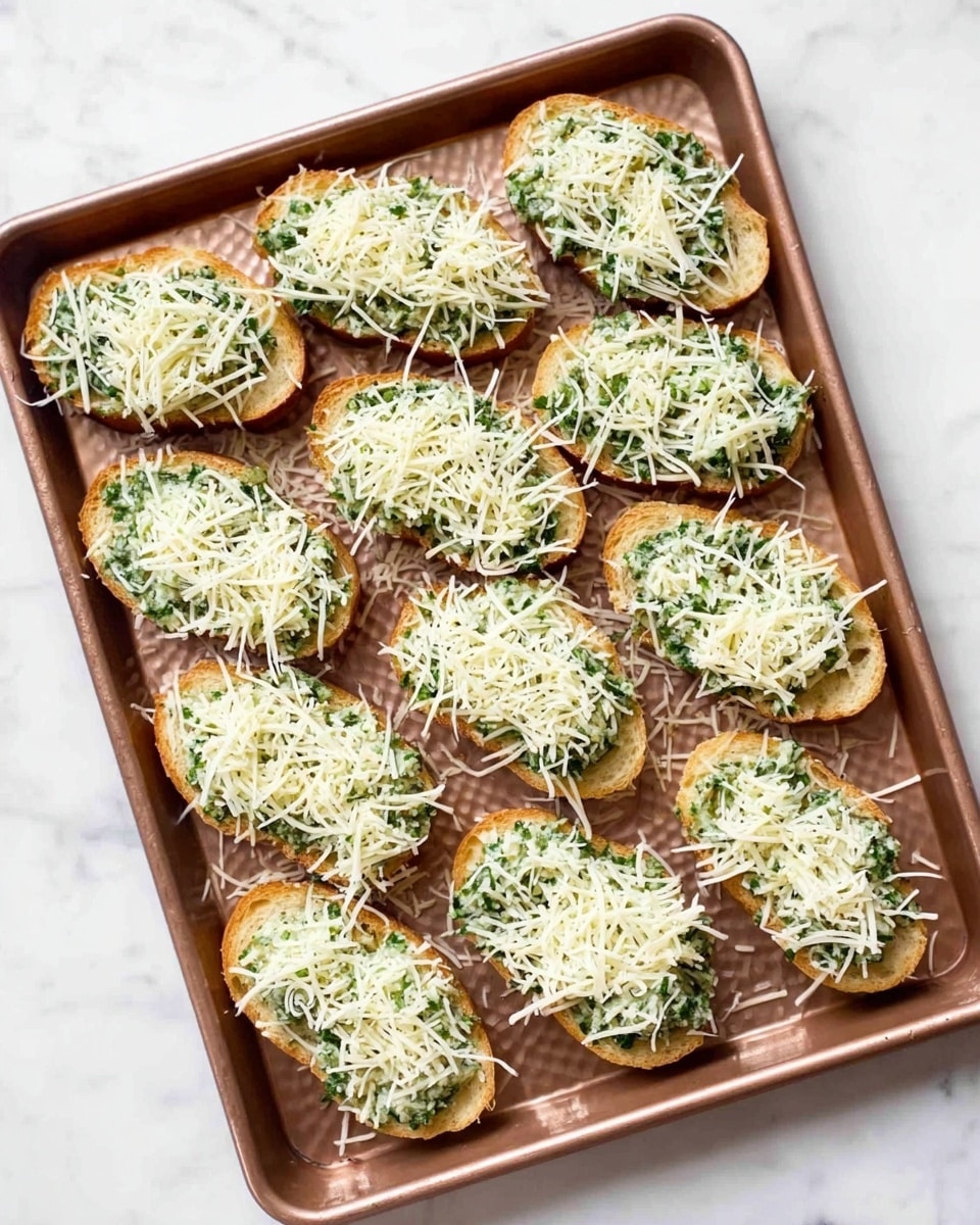 The image shows a copper baking tray filled with 13 pieces of sliced bread topped with a mixture of green herbs and a layer of shredded white cheese. Each piece of bread is evenly spread with the green herby mixture, which looks creamy and has small bits of herbs visible. The cheese on top is loosely scattered, covering the green layer but allowing some of it to show through. The tray is placed on a white marbled surface, creating a clean and bright background. photo taken with an iphone --ar 4:5 --v 7